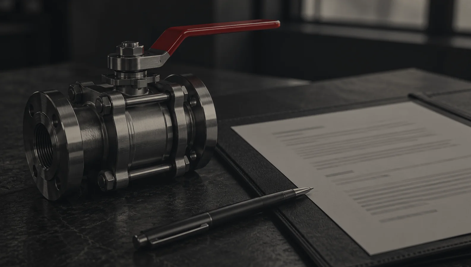 Una válvula de bola de acero con la maneta roja, junto a un documento y un bolígrafo sobre una mesa oscura