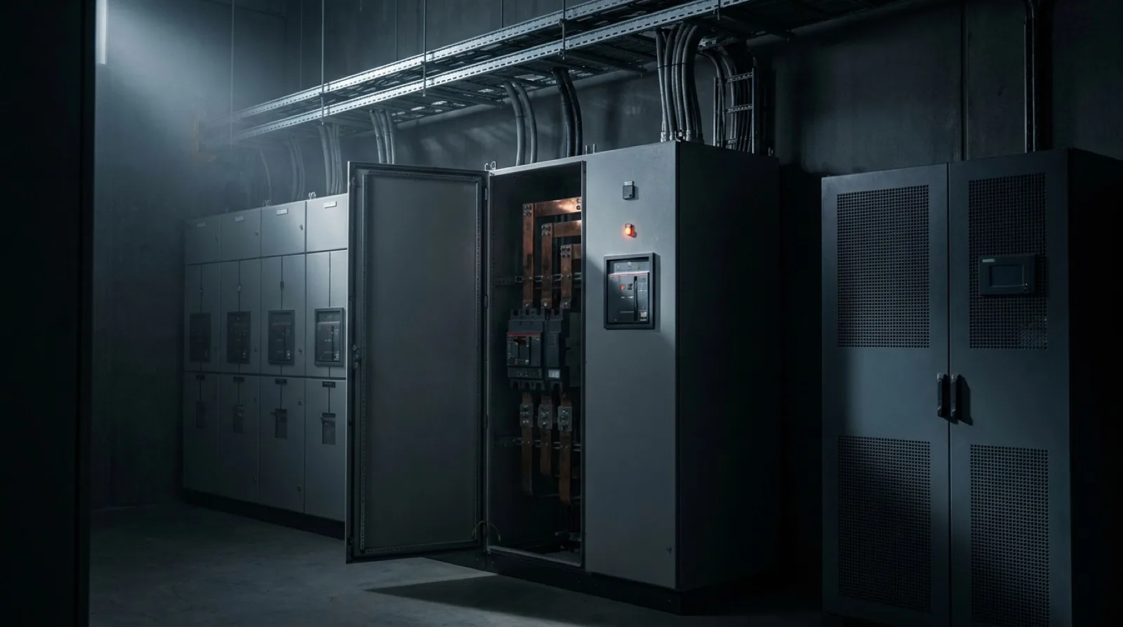 Sala eléctrica con celdas de distribución, una abierta con embarrado de cobre, y armarios de SAI