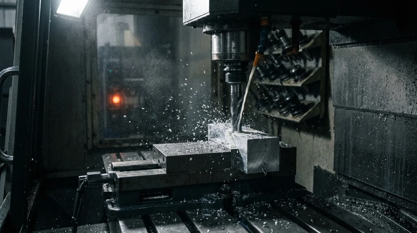 Centro de mecanizado CNC cortando una pieza de aluminio en la mordaza, con refrigerante y viruta saltando
