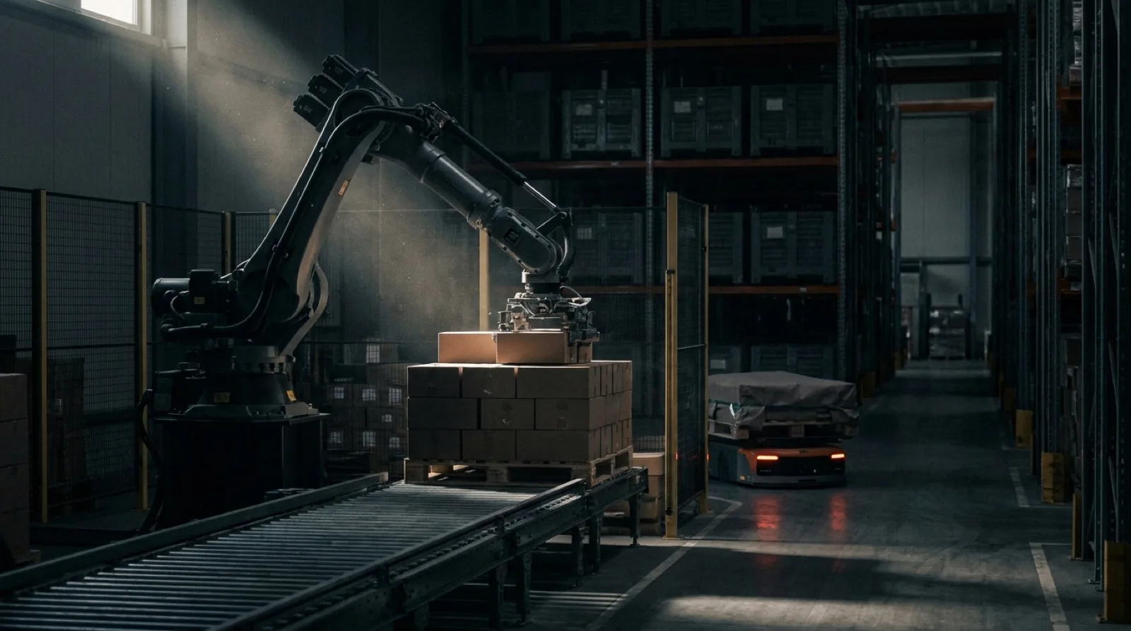 Robot industrial paletizando cajas al final de una línea, con un robot móvil autónomo cruzando el pasillo del almacén