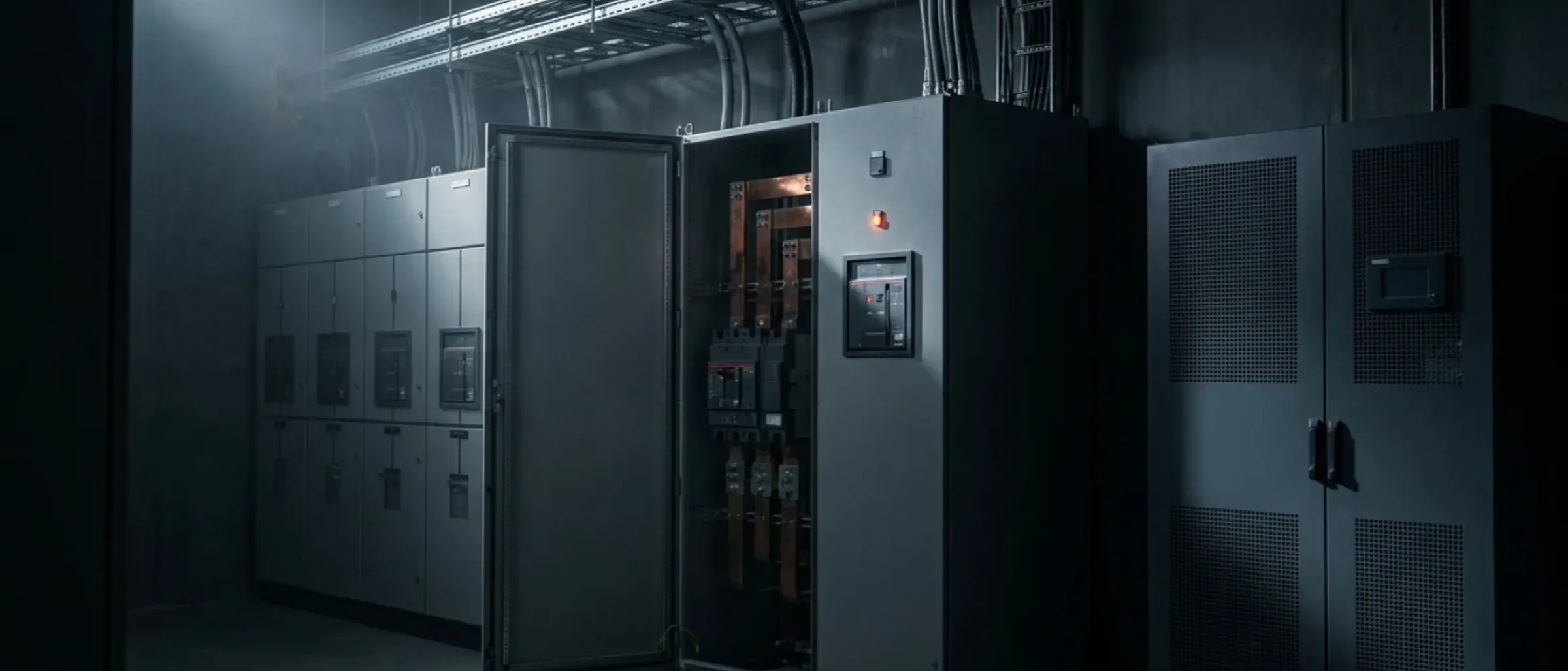 Sala eléctrica en penumbra con armarios de distribución; uno, abierto, deja ver las barras de cobre y un piloto rojo encendido
