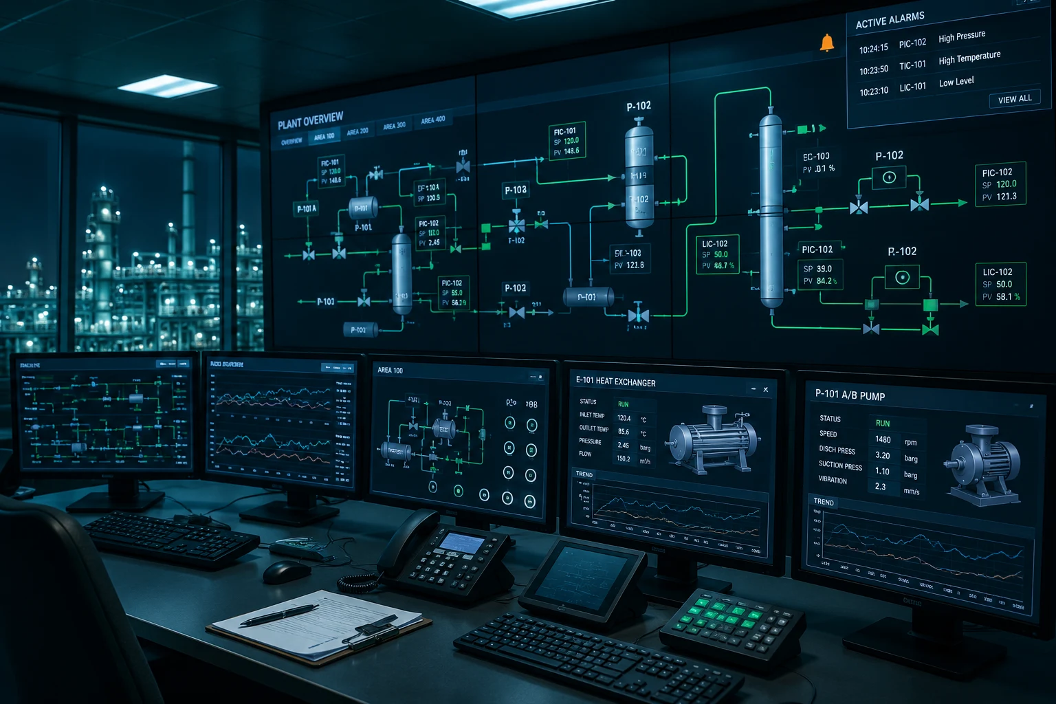 Sala de control con sistema DCS de una planta de proceso