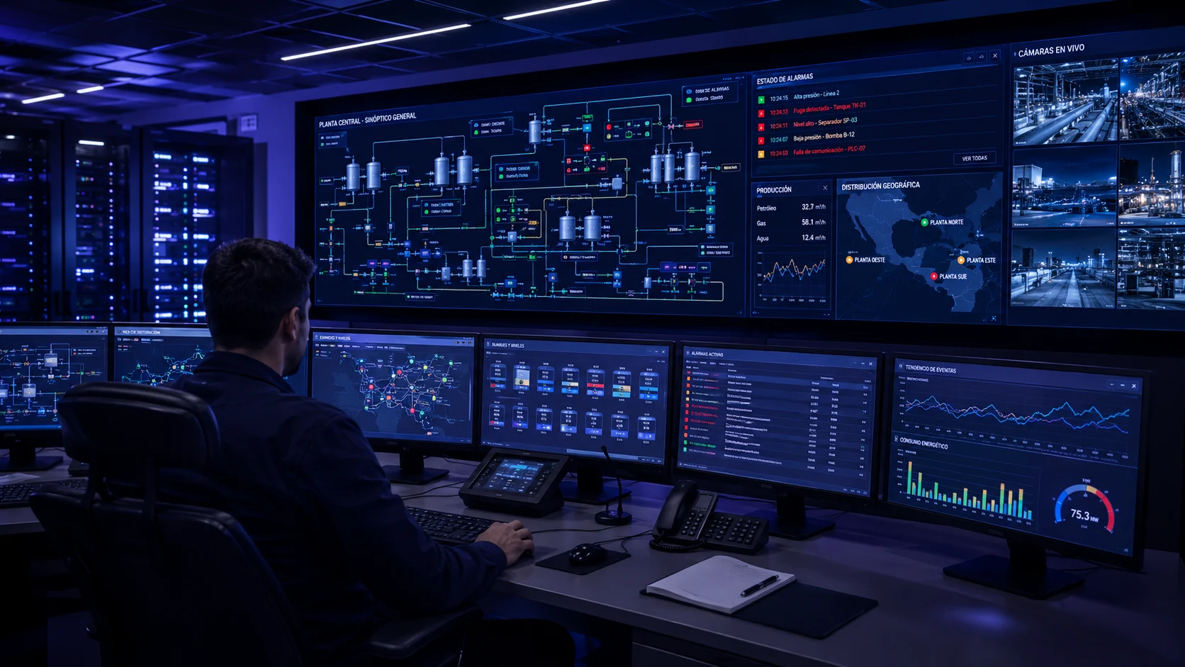 Sala de control industrial con pantallas de sistema SCADA