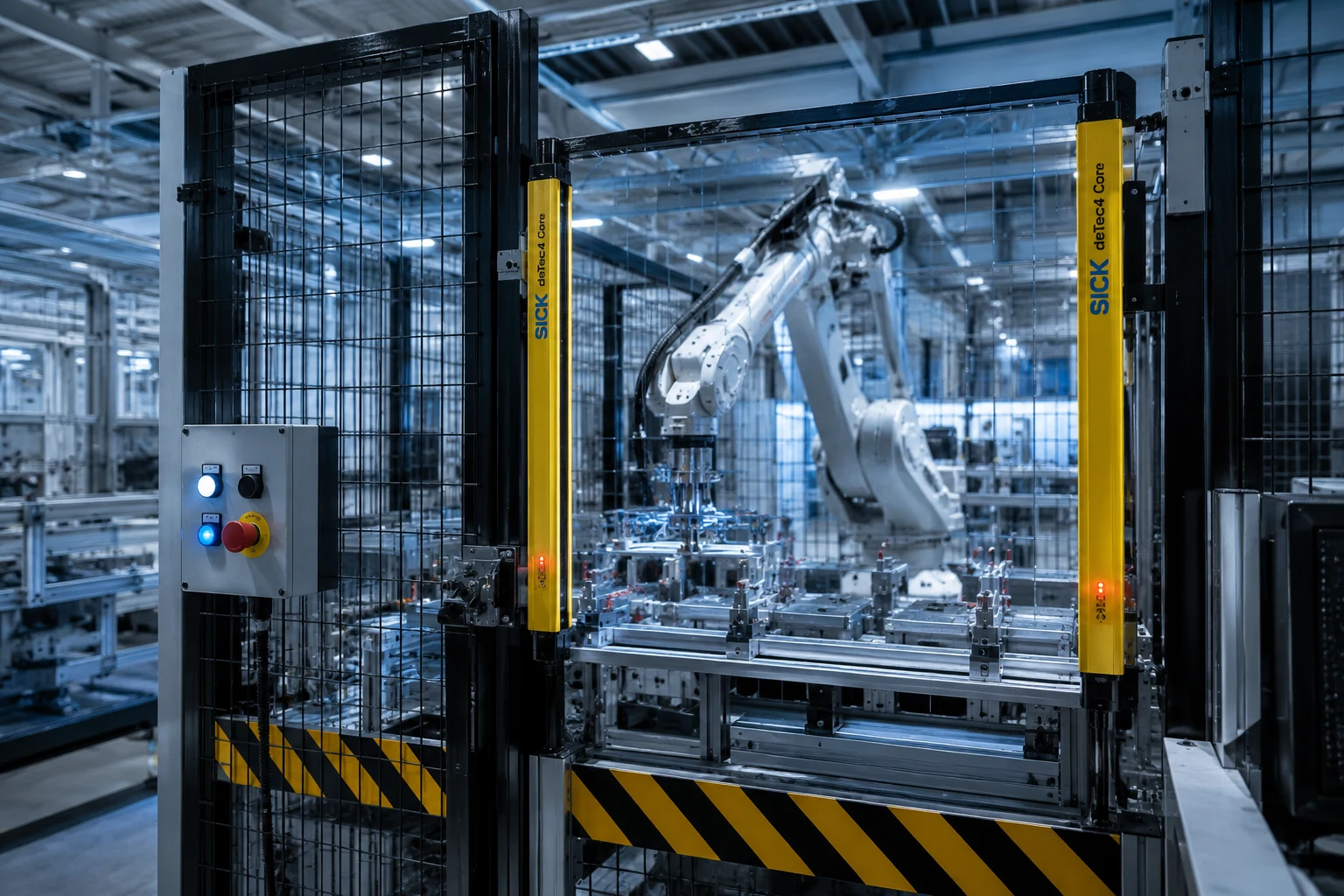 Barrera fotoeléctrica de seguridad protegiendo una máquina industrial