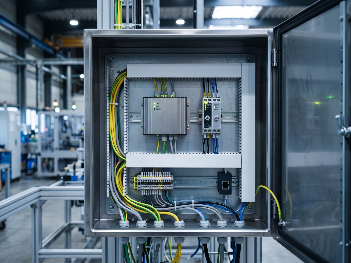 Controlador de borde (edge) y maestro IO-Link instalados en un armario eléctrico ordenado de planta industrial moderna, luces de estado encendidas, cableado limpio, sin personas