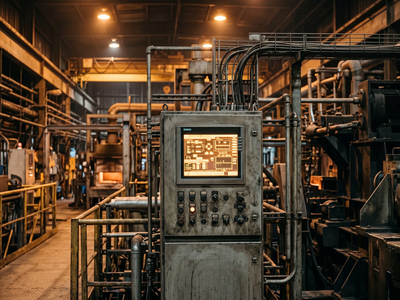 Planta industrial de manufactura con armario de control y panel HMI visibles al fondo, profundidad de campo real, iluminación de nave industrial, sin personas, fotografía documental realista, no stock genérico de oficina