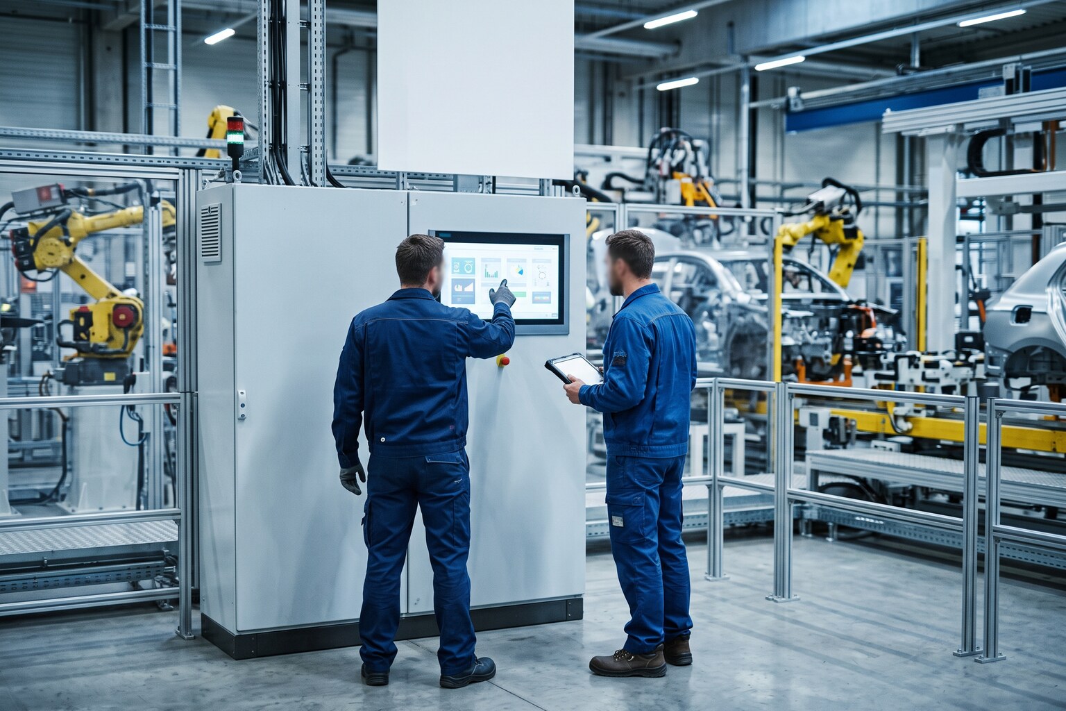 Dos técnicos industriales de pie frente a un panel HMI táctil de automatización industrial en una planta de automoción o alimentación, gesto de trabajo real, uniforme técnico, profundidad de campo, foto documental realista