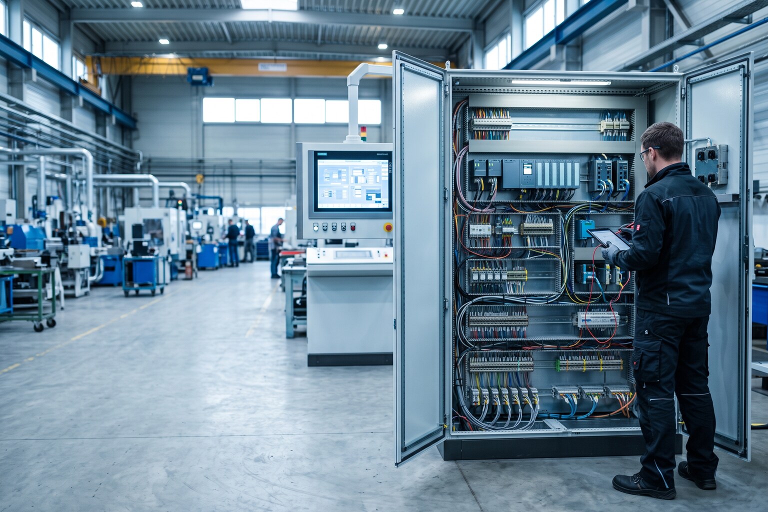 Ingeniero técnico revisando un armario de control industrial abierto con un PLC modular tipo SIMATIC S7-1500 y su cableado ordenado, panel HMI visible al fondo, planta industrial moderna, luz natural fría, foto documental realista, nunca stock de oficina ni aula genérica