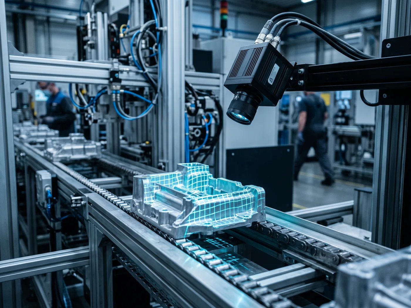 Sistema de visión artificial con iluminación estructurada inspeccionando piezas en una línea de producción