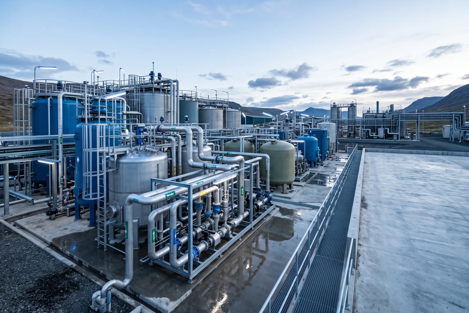 Planta química o de tratamiento de aguas con tanques y tuberías de material anticorrosión, iluminación industrial fría, composición amplia con espacio despejado a la derecha para un panel de formulario, sin personas
