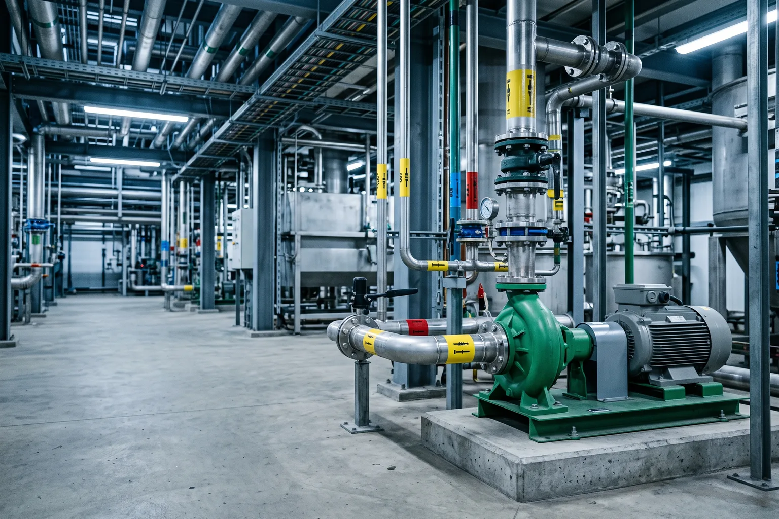 Bomba centrífuga termoplástica o revestida instalada en línea de proceso químico, tuberías identificadas por servicio con bandas de color, iluminación fría de planta industrial, sin personas, el sujeto desplazado hacia la derecha y el lado izquierdo de la composición despejado