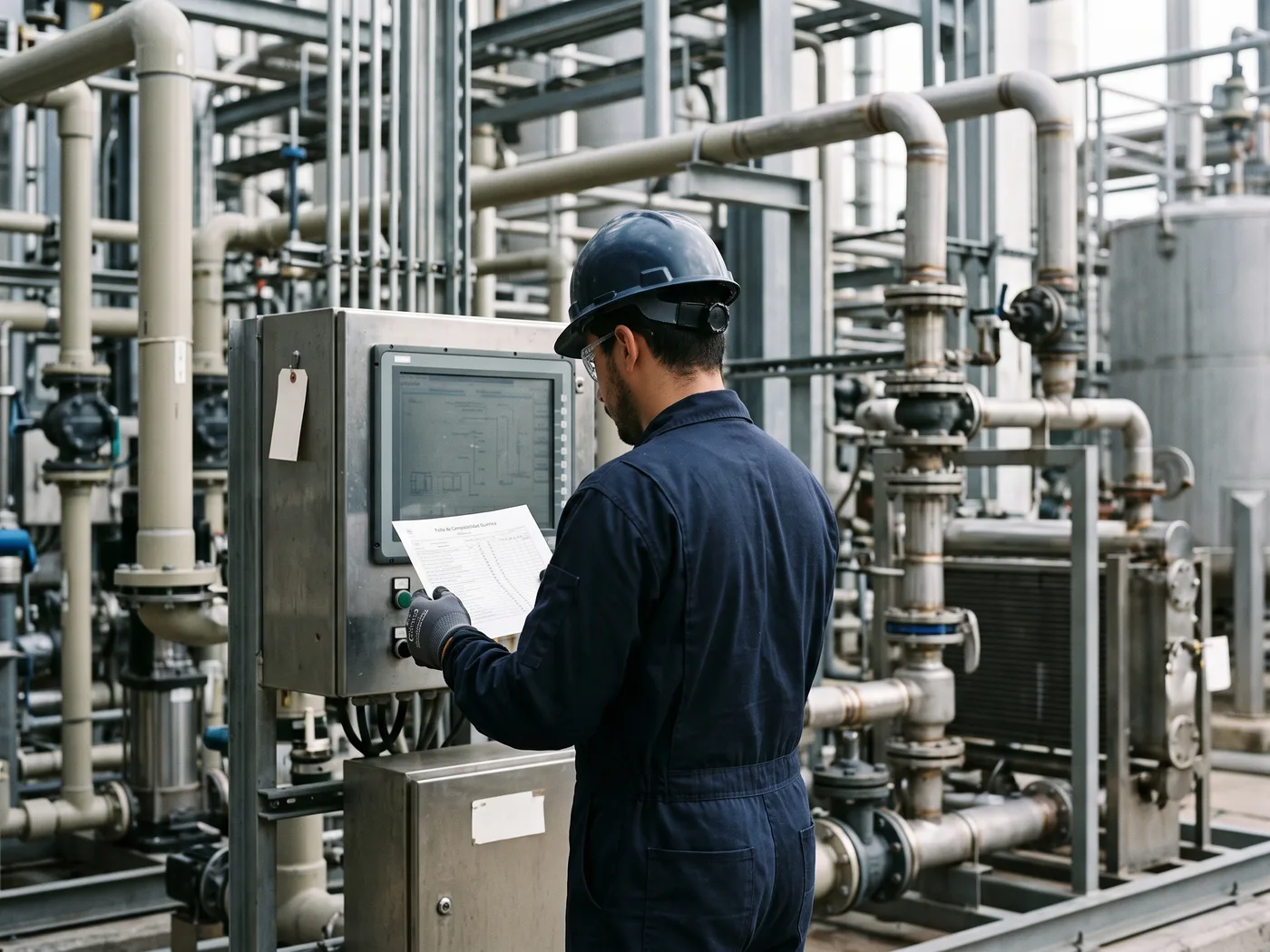 Técnico industrial validando la ficha de compatibilidad química de un material de bomba frente a un panel de datos técnicos, planta de proceso corrosivo al fondo con tuberías de PVDF y aleación especial, sin marcas visibles, luz natural de planta