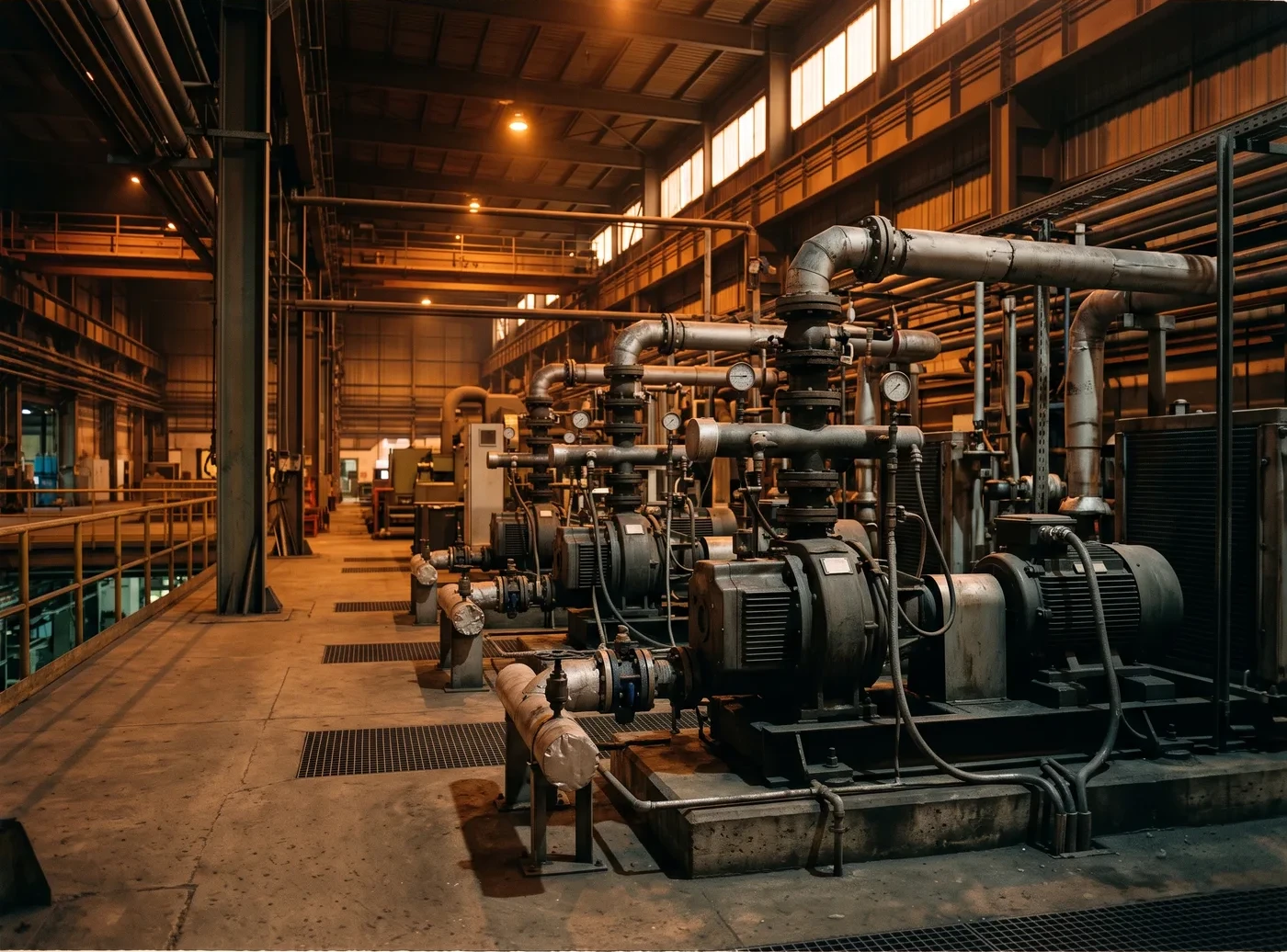 Planta industrial con instalación de bombas de vacío a media distancia, composición panorámica con espacio de aire a la izquierda para el panel de formulario, iluminación dramática de nave industrial al atardecer o con luces artificiales cálidas, sin personas