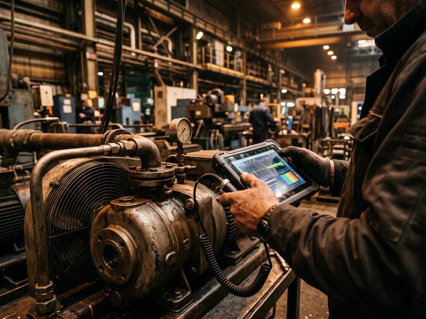 Manos de un técnico industrial revisando una bomba de vacío con un instrumento de medición o una tablet, plano de detalle en las manos y el instrumento, rostro fuera de plano o de espaldas, sin cara identificable, ambiente de planta industrial real, iluminación natural de nave industrial, sin marca visible, transmite diagnóstico técnico en curso