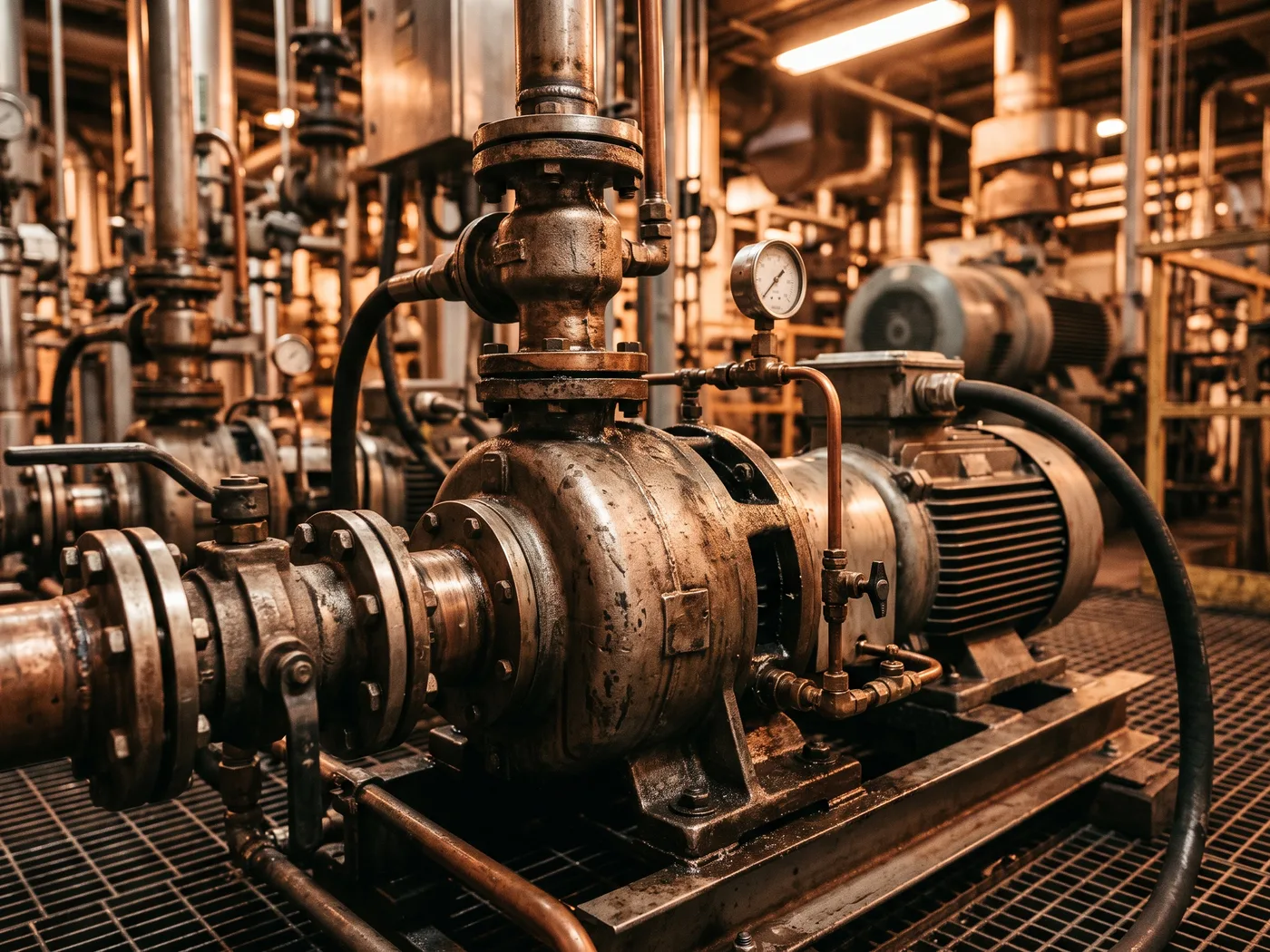 Bomba de vacío de paletas rotativas en sala de máquinas industrial, vista de detalle mostrando el cuerpo de la bomba y las conexiones de aspiración, superficie metálica con reflejos, fondo de planta industrial desenfocado, sin personas, tono oscuro/dramático compatible con duotono