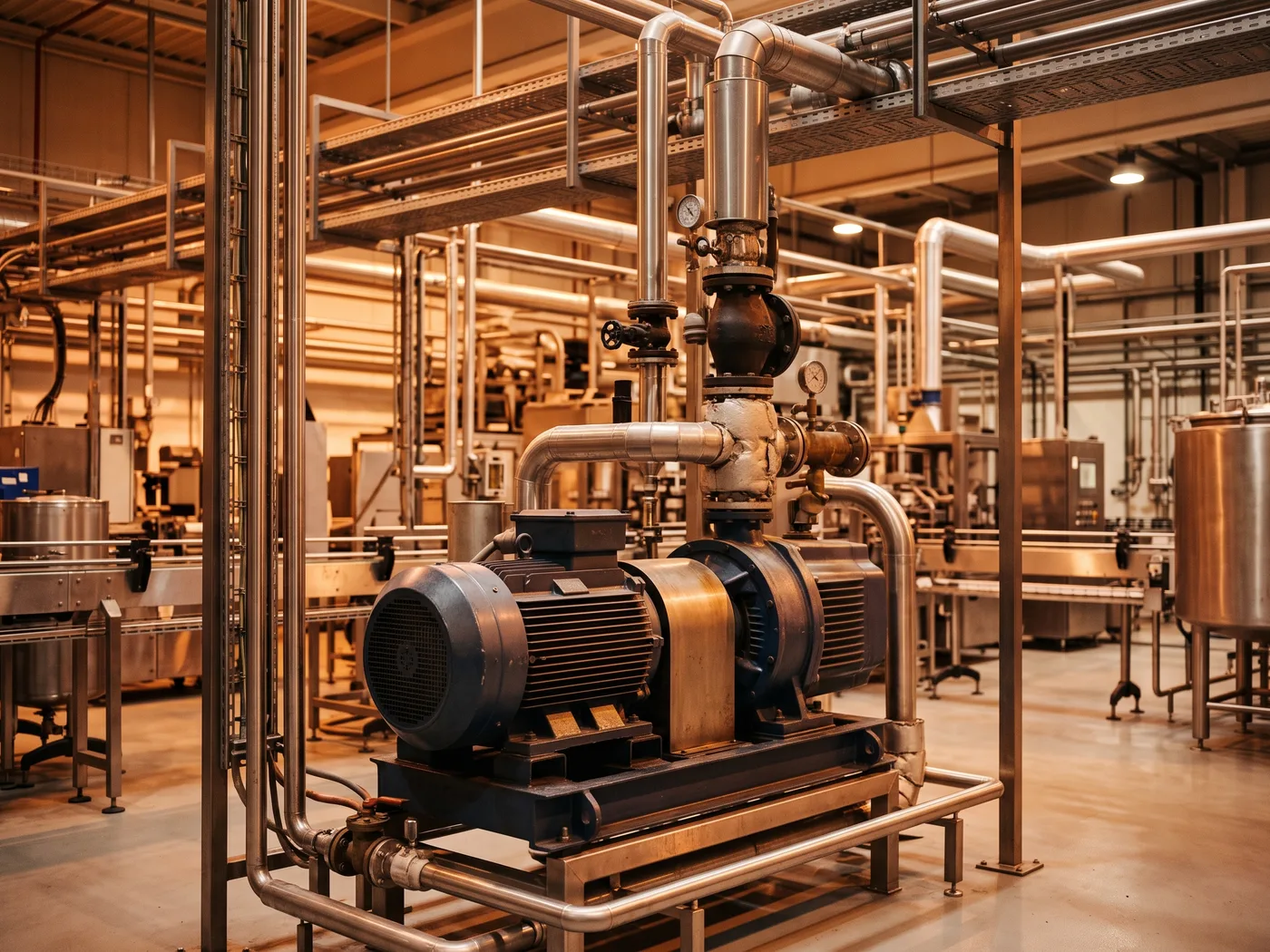 Bomba de vacío industrial en operación dentro de una línea de producción, vista general de la instalación con tuberías de vacío, ambiente de planta limpia y ordenada, sin personas, luz industrial neutra