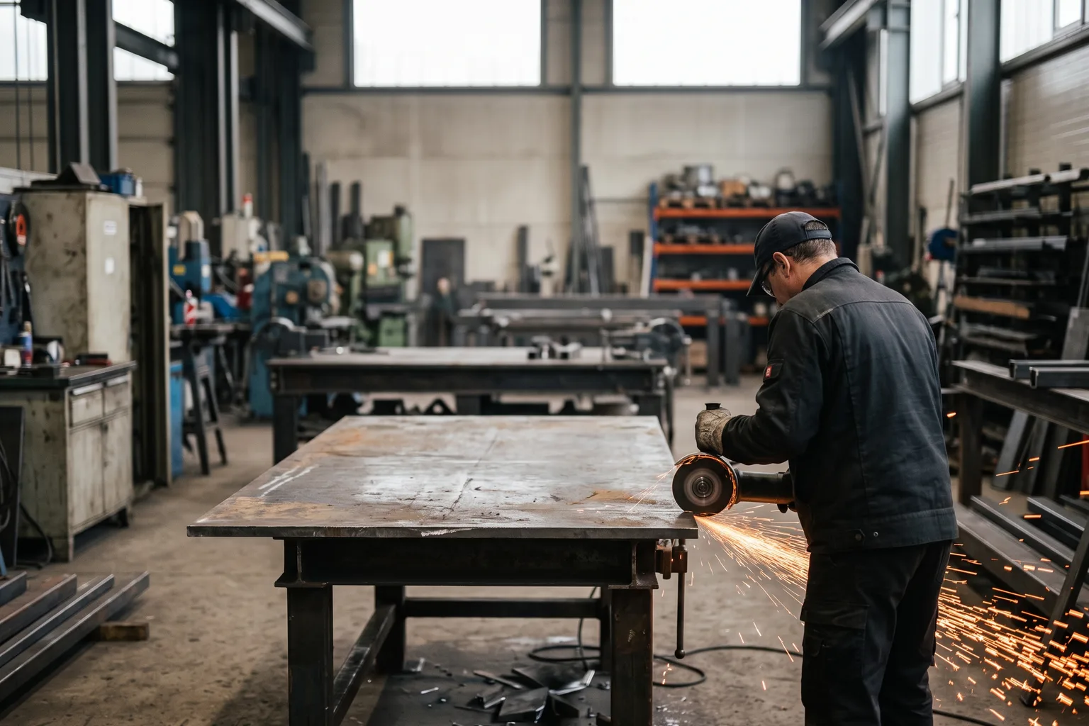 Disco abrasivo de corte trabajando sobre una plancha de metal con chispas controladas