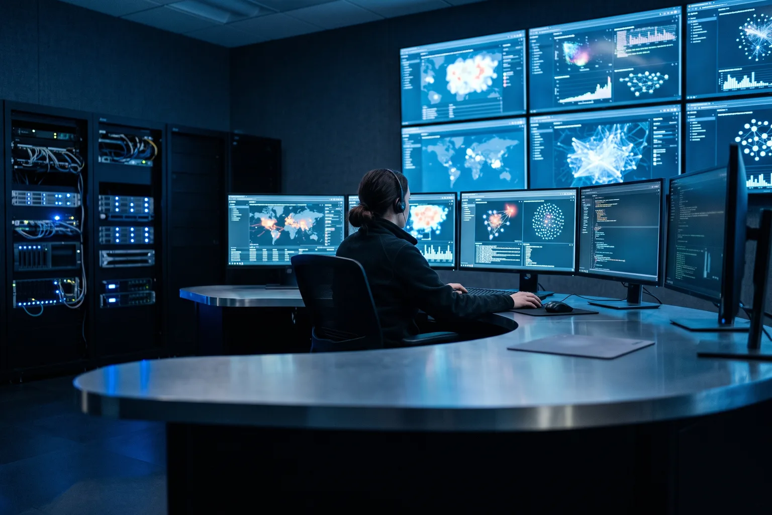 Analista de ciberseguridad revisando paneles de monitorización de amenazas y mapas de red en un centro de operaciones de seguridad, de noche, luz azulada de las pantallas