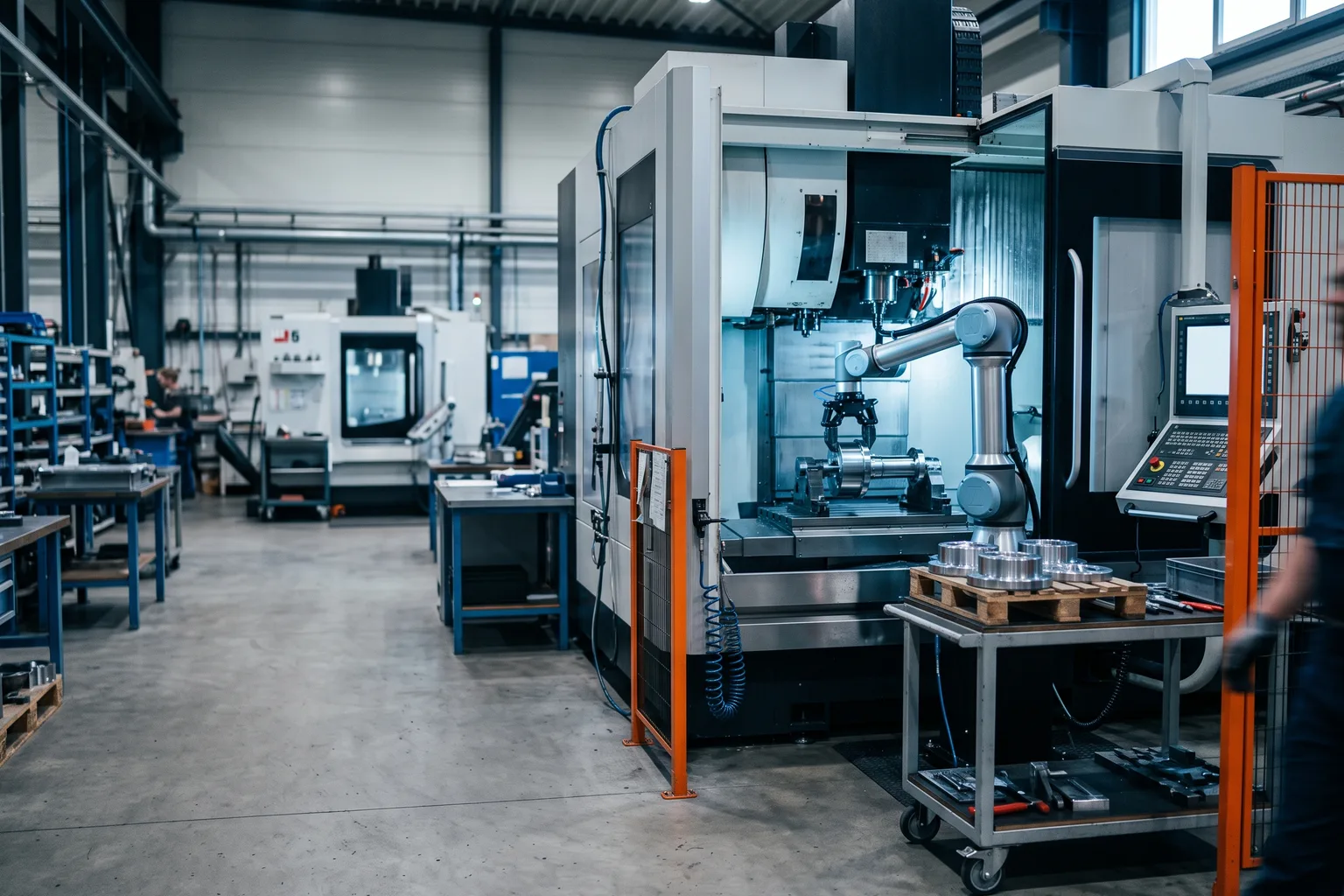 Brazo cobot cargando y descargando la pieza de un centro de mecanizado CNC en un taller industrial