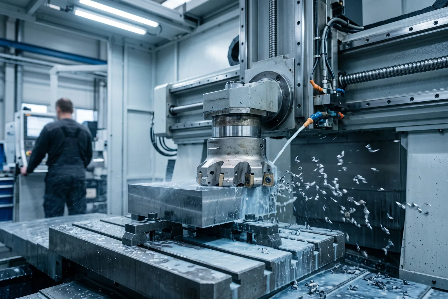 Inserto de metal duro montado en una fresa durante una prueba de corte en un centro de mecanizado CNC