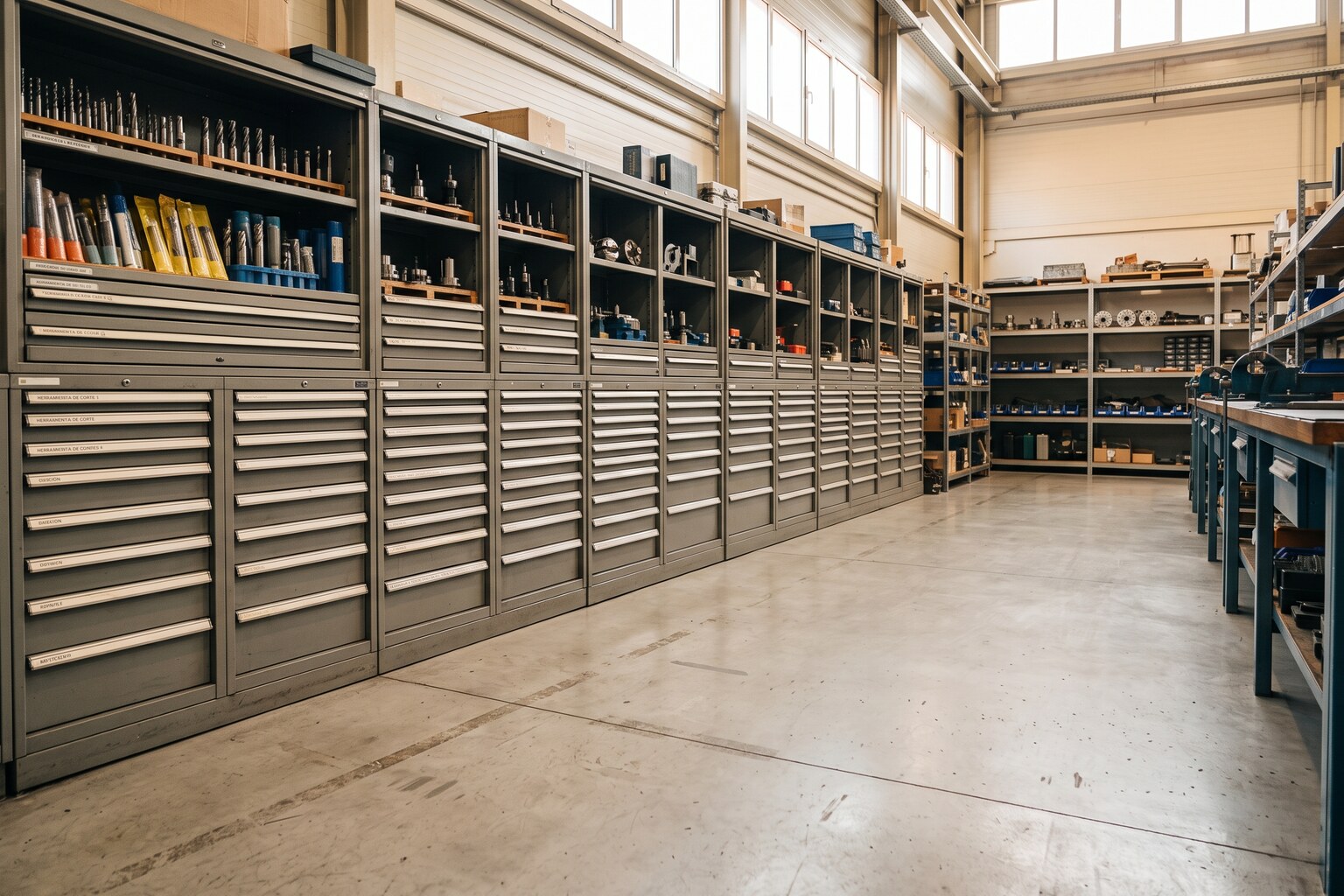 Interior de un almacén técnico de herramienta industrial: pared de armarios modulares metálicos con cajones organizados y etiquetados para herramienta de corte, sujeción y medición, iluminación cálida de taller, ambiente limpio y ordenado, sin logotipos de marca visibles, fotografía realista de planta industrial, sin personas