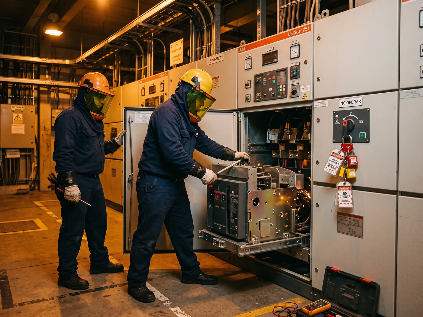 Maniobra en paro programado dentro de la sala eléctrica de una planta: dos técnicos con casco, pantalla facial y ropa con clasificación de arco eléctrico operando el frente de una celda de media tensión, carro de extracción del interruptor a la vista y señalización de bloqueo y etiquetado, luz artificial fría, fotografía industrial real