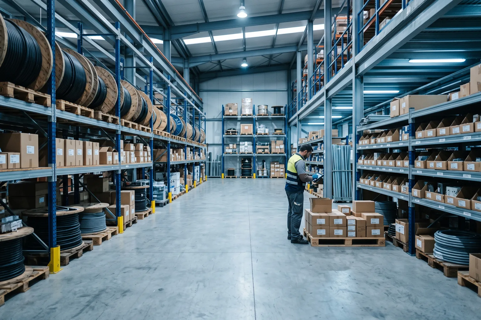 Almacén de un distribuidor de material eléctrico industrial con miles de referencias en estanterías
