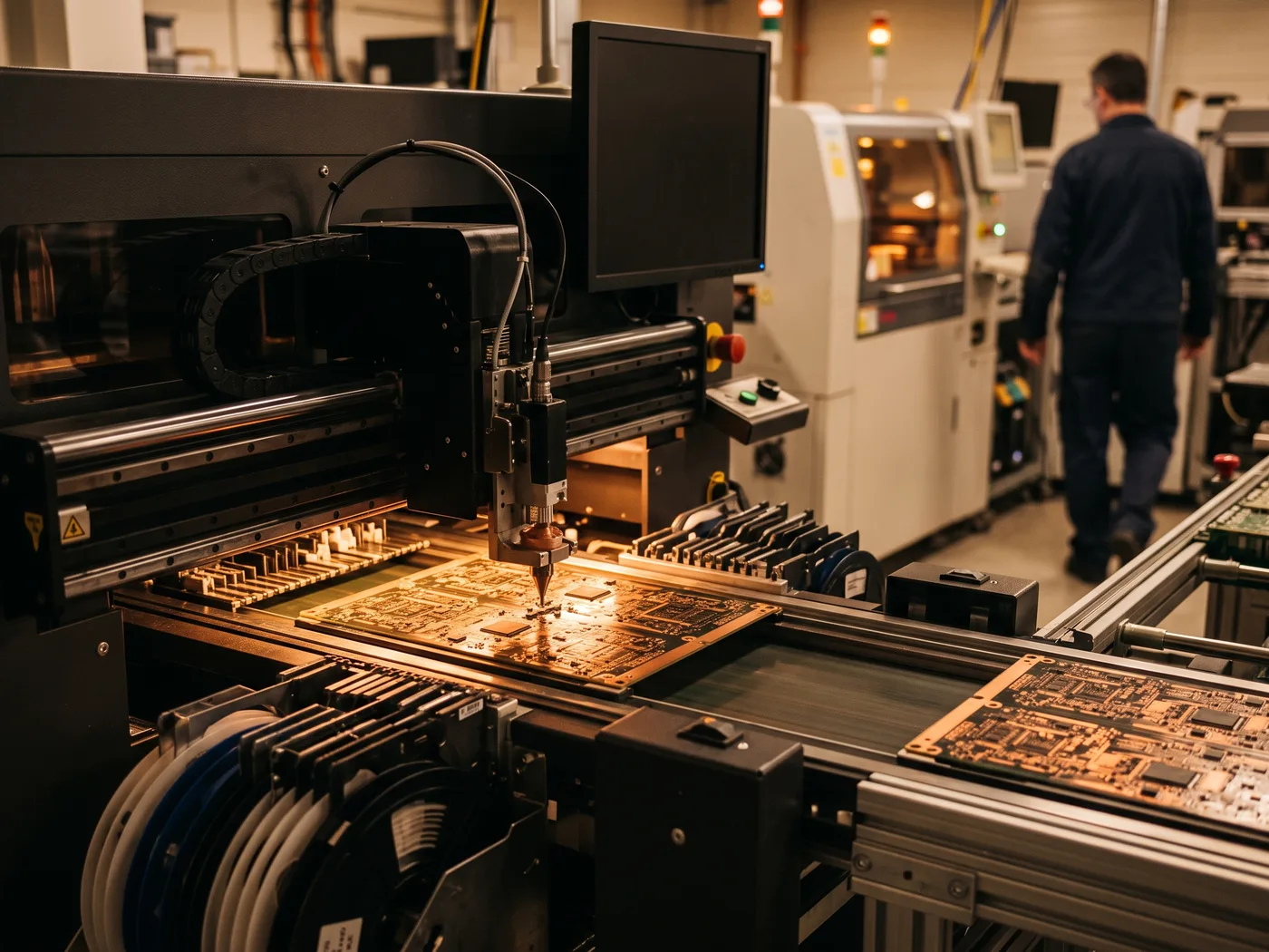 Línea de montaje SMT en una planta de fabricación electrónica por contrato: máquina pick & place colocando componentes sobre una PCB, banco de pruebas AOI al fondo