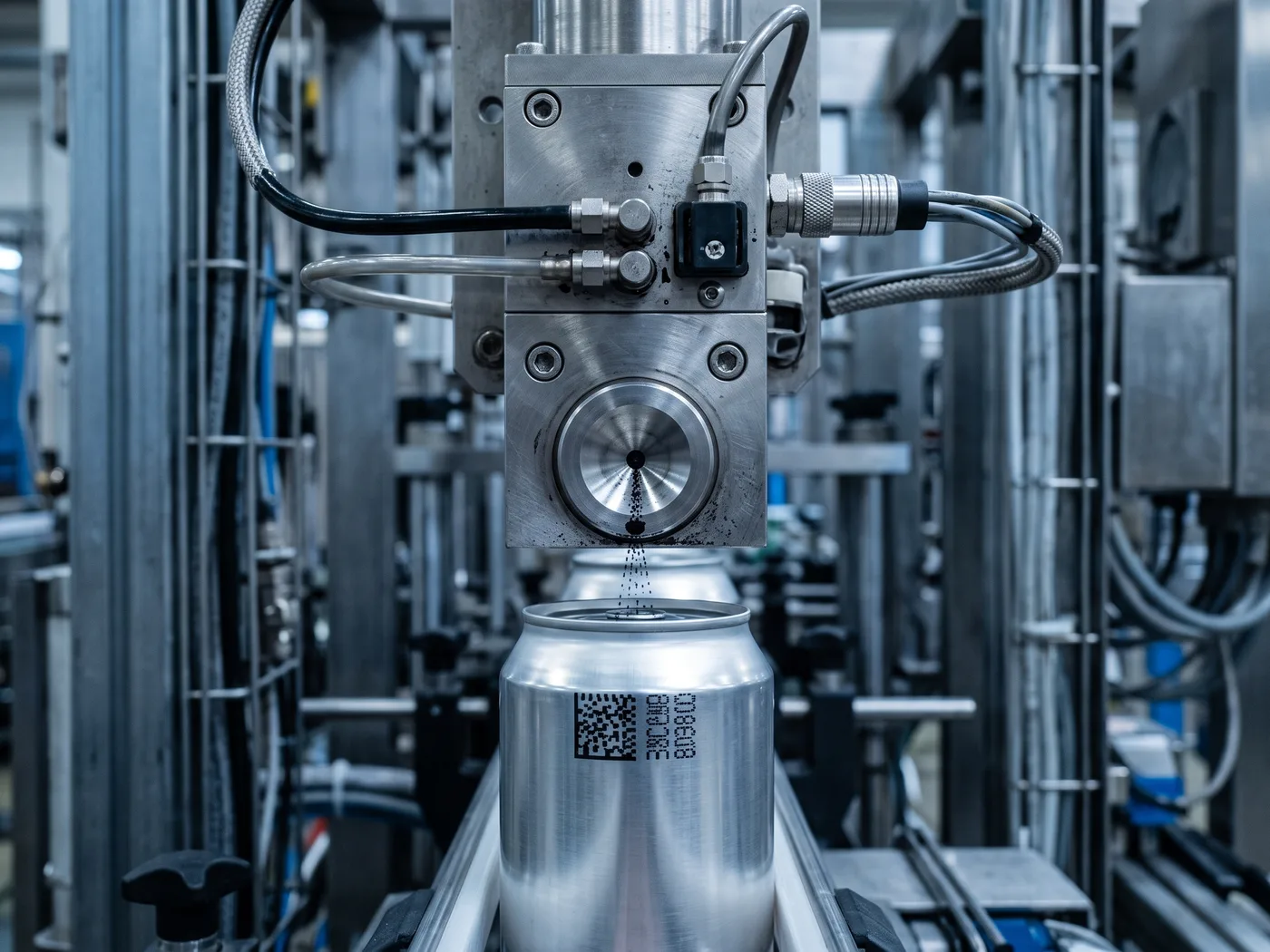 Detalle de cabezal impresor de un sistema de codificación industrial (inyección de tinta continua o cabezal láser) marcando un código DataMatrix o número de lote sobre un envase, de cerca, superficies metálicas y boquilla o lente visibles, sin personas, composición vertical con el sujeto centrado para que el corte a duotono de marca no pierda el detalle