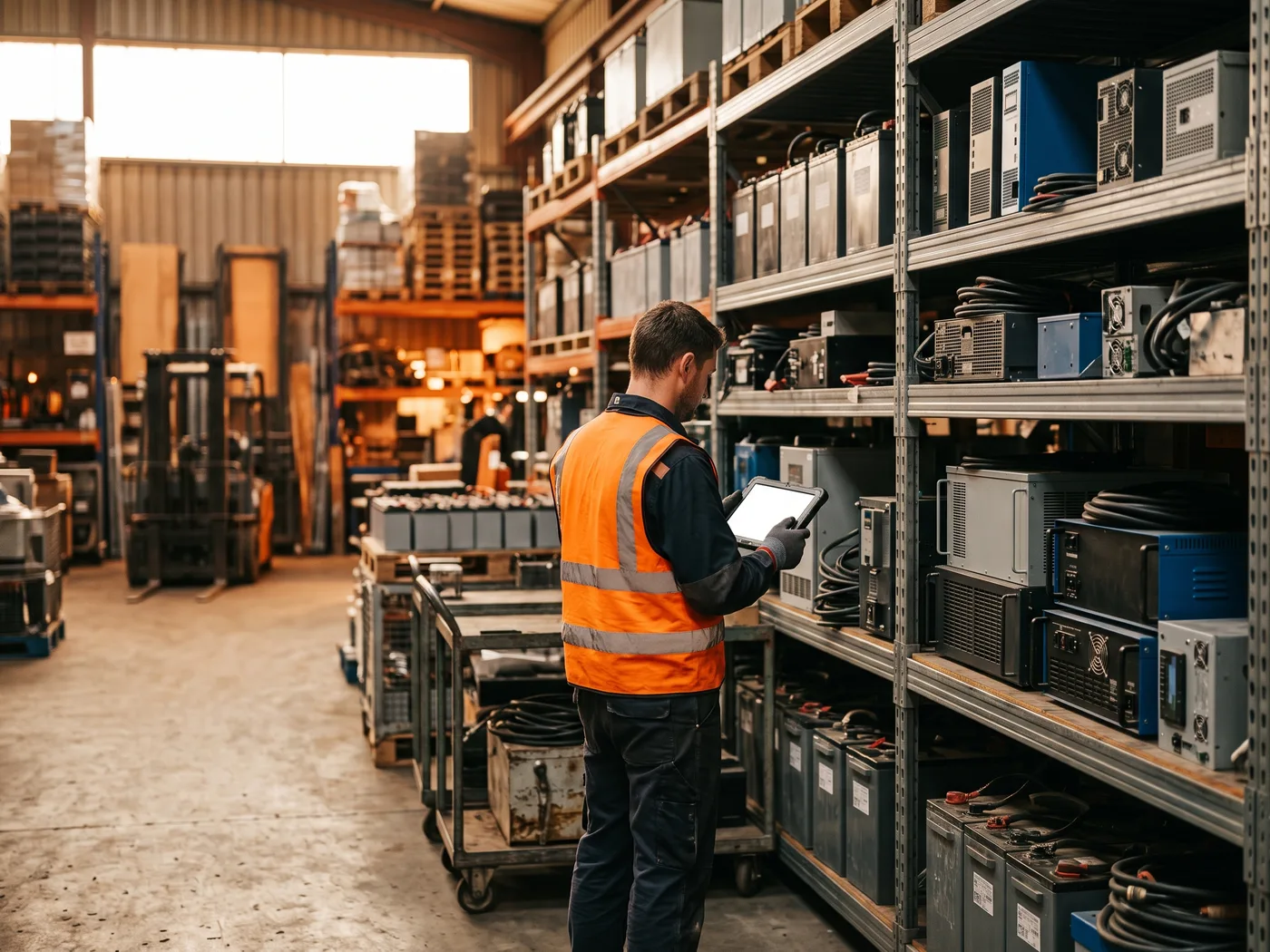 Almacén o nave de distribución técnica con baterías industriales, inversores y cargadores apilados en estanterías, técnico revisando un pedido con tablet, luz natural de nave industrial, composición vertical con espacio a un lado para el texto del caso, sin logos de marcas reales visibles