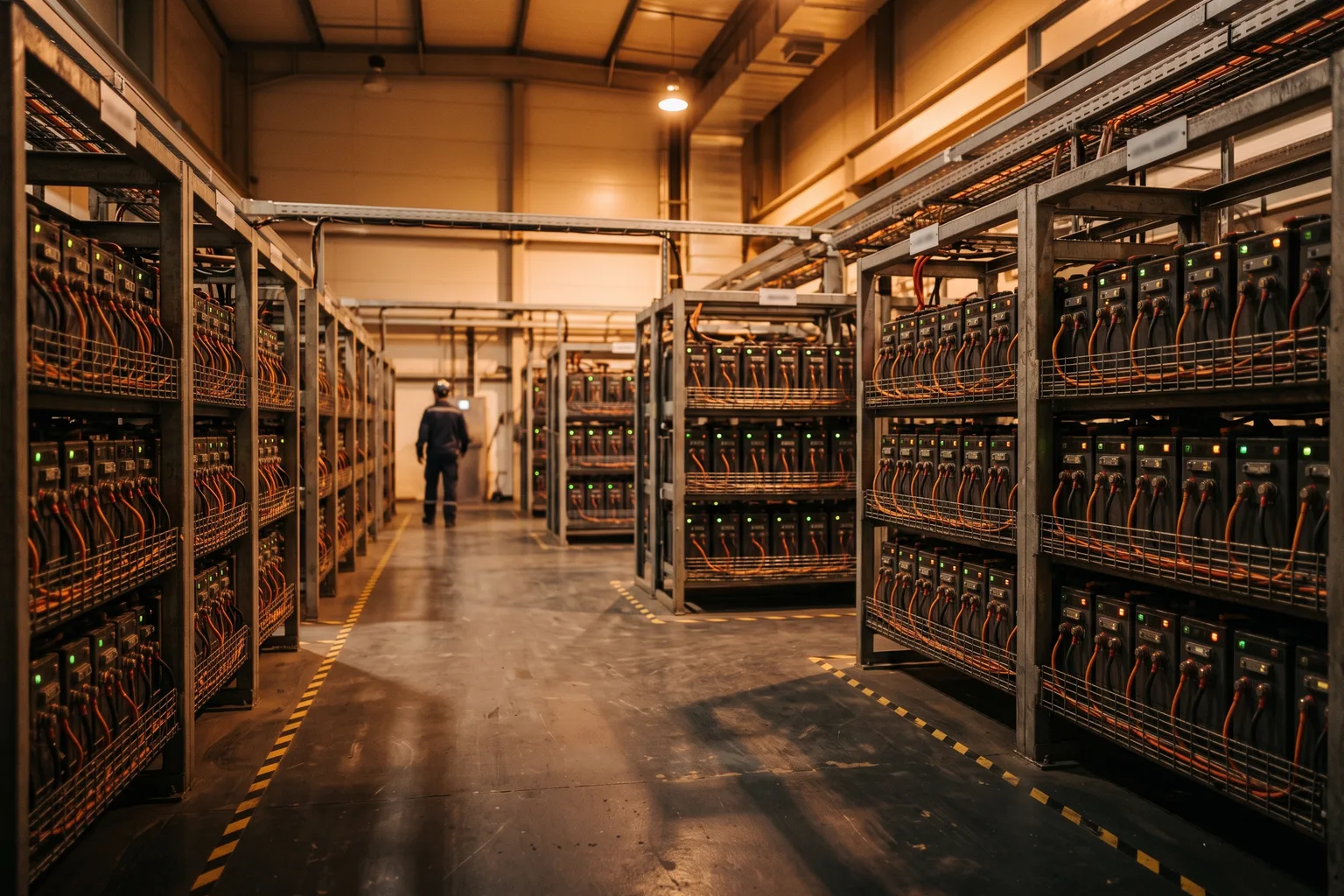 Sala de baterías estacionarias industriales en rack metálico, varias filas de celdas de plomo-ácido o litio con indicadores LED de estado, cableado ordenado, luz fría técnica de nave industrial, composición con el centro despejado para que el H1 y el panel glass no tapen ningún dato relevante de la instalación, sin texto ficticio legible, sin logos de marcas reales visibles