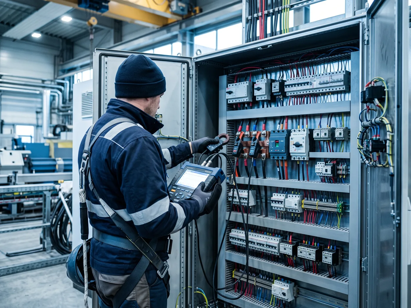 Auditor energético con analizador de redes eléctricas realizando una medición en un cuadro de distribución de planta industrial