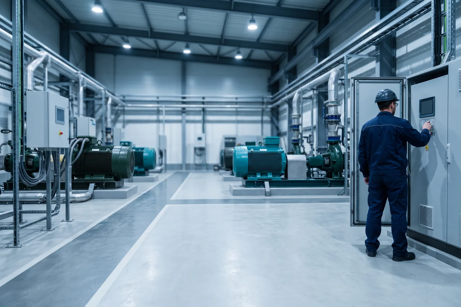 Sala de motores eléctricos IE3 de alta eficiencia en una planta industrial, técnico revisando un variador de frecuencia junto a un panel de control