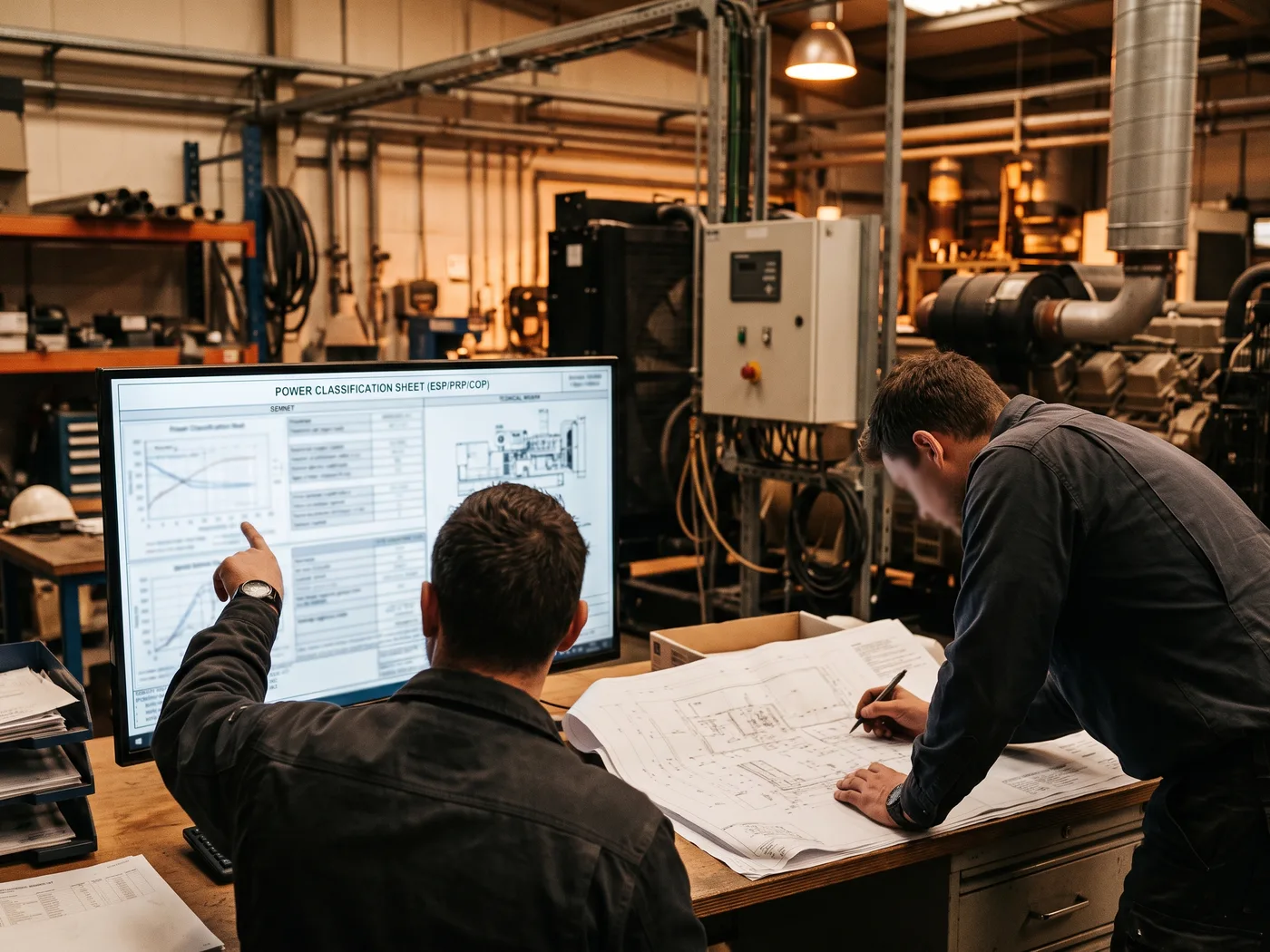 Dos técnico-comerciales revisando en pantalla la ficha de clasificación de potencia (ESP/PRP/COP) de un grupo electrógeno junto a planos de instalación, oficina técnica industrial, sin rostros reconocibles en primer plano