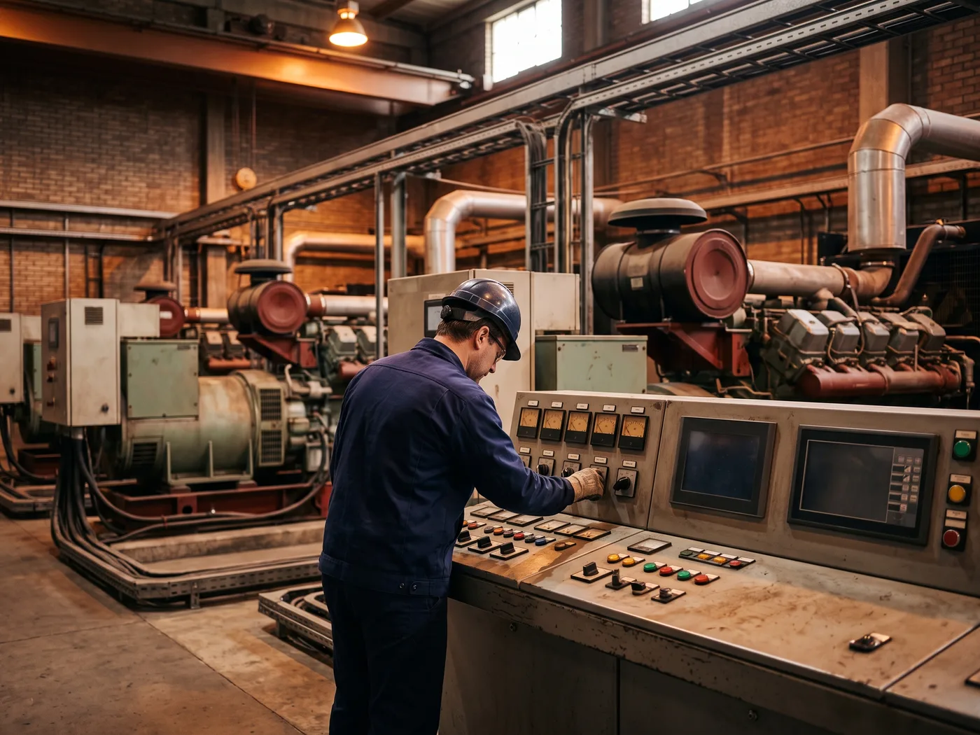 Sala de máquinas industrial con un grupo electrógeno fijo en paralelo y un ingeniero eléctrico revisando el conmutador de transferencia automática (ATS) y el cuadro de sincronismo en una consola técnica