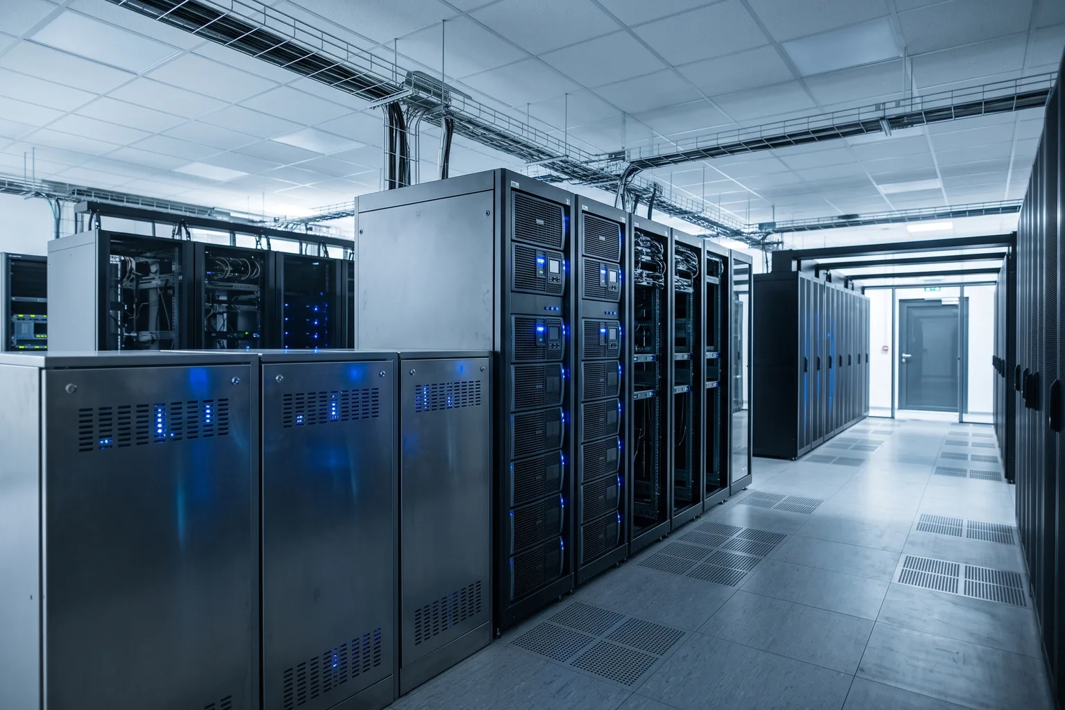 Sala blanca de data center con racks de sistemas de alimentación ininterrumpida trifásicos modulares y gabinetes de baterías VRLA en primer plano, luces de estado LED azules, pasillo frío/caliente, sin personas reconocibles