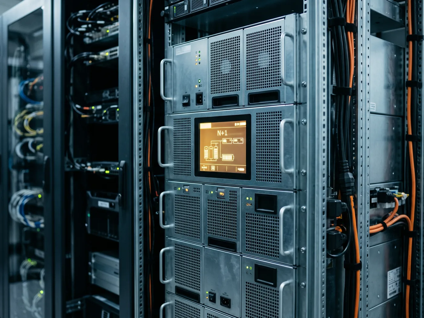 Detalle de un módulo de alimentación ininterrumpida trifásico modular en un rack de data center, con la pantalla de control de redundancia N+1 encendida, sin personas reconocibles