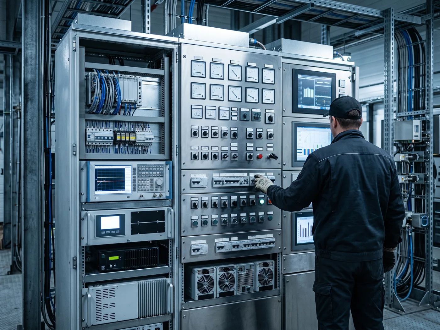 Panel de control o sala de instrumentación de una instalación de energía industrial (analizadores de red, reguladores, indicadores de baterías o inversores), luz fría técnica, composición vertical con espacio a un lado para el texto del caso, sin logos de marcas reales visibles