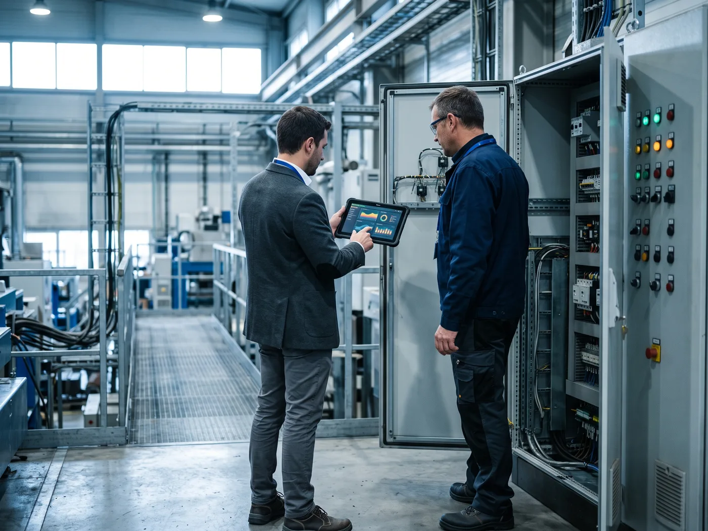 Ingeniero comercial mostrando en una tablet un dashboard de ahorro energético a un responsable de planta, de pie junto a un cuadro eléctrico industrial, luz natural de nave industrial, ambiente de diagnóstico técnico compartido, sin logos de marcas reales visibles