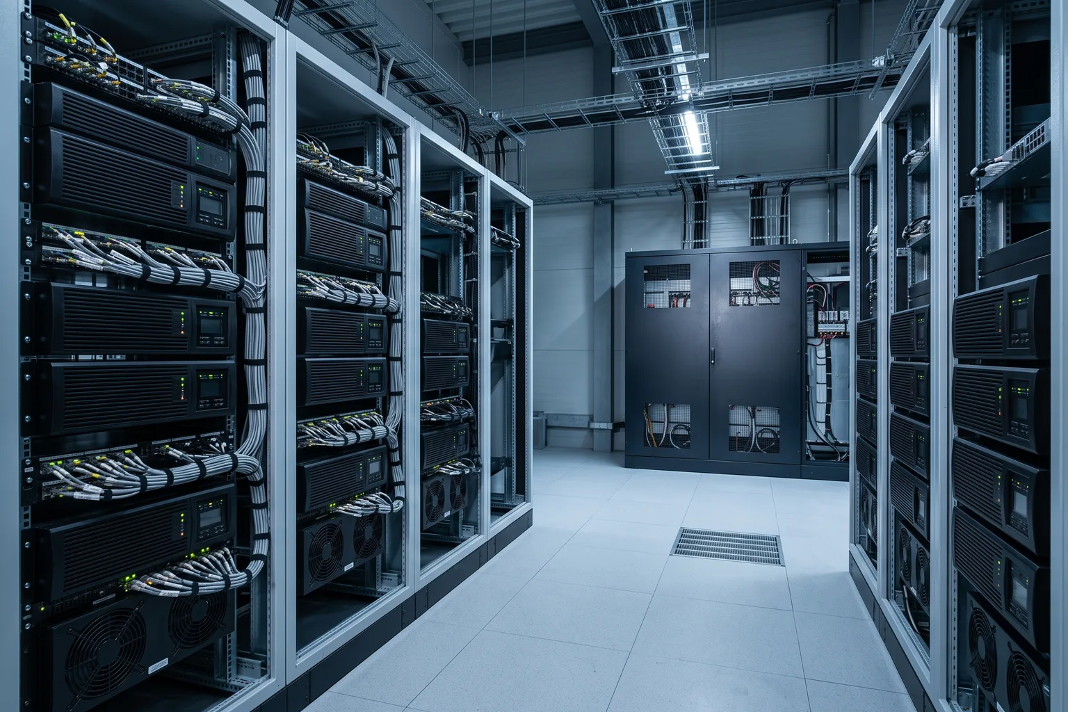 Sala de equipos técnica con varias unidades de alimentación ininterrumpida trifásicas en rack, luces de estado LED encendidas, cableado ordenado, gabinete de baterías al fondo, luz fría industrial, composición con el centro despejado