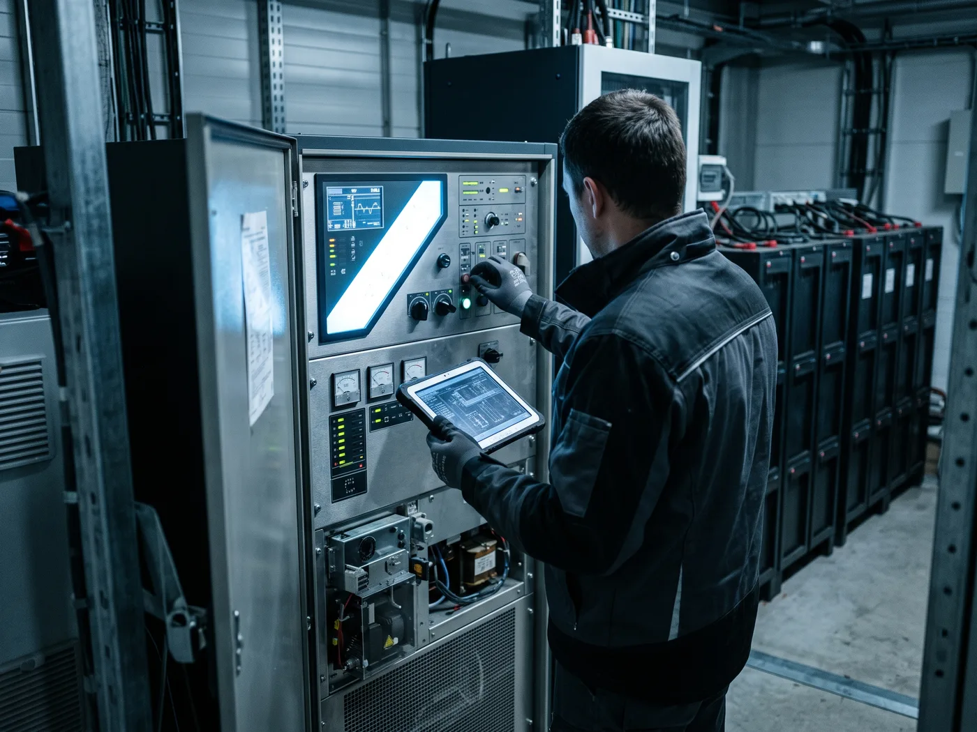 Técnico con tablet revisando el panel frontal de un sistema trifásico de alimentación ininterrumpida en una sala de equipos, pantalla de diagnóstico iluminada con parámetros eléctricos, gabinetes de baterías alineados al fondo, luz fría industrial