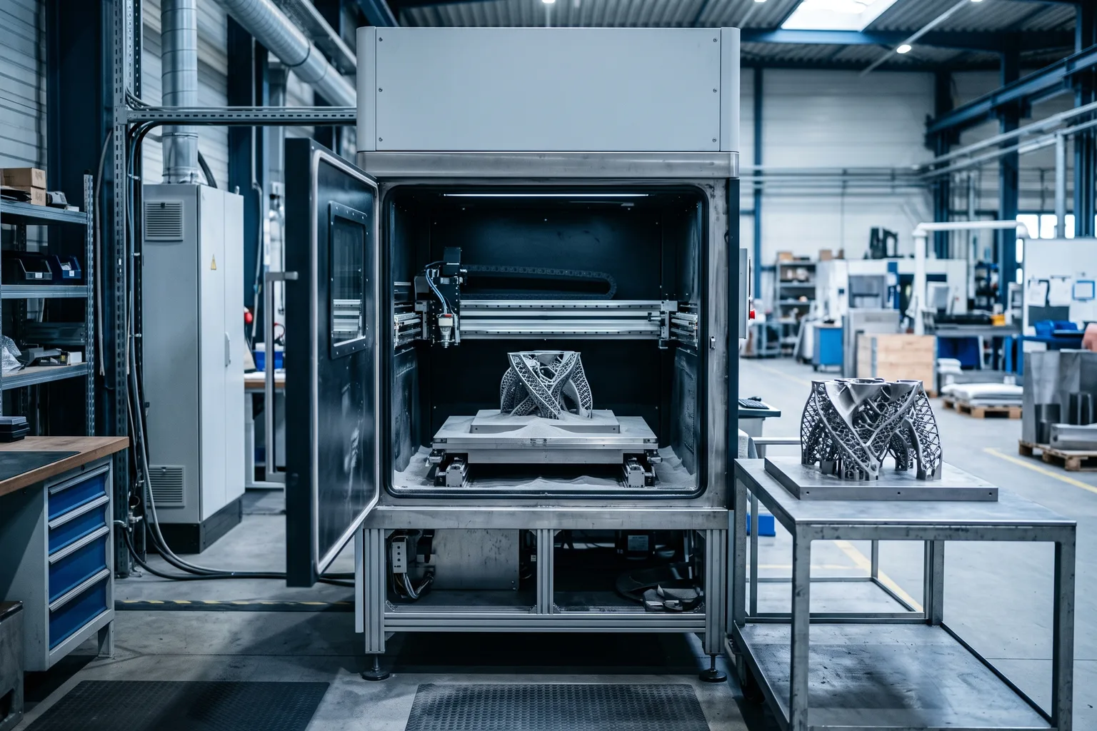 Impresora 3D industrial de metal con la cámara de impresión abierta y una pieza metálica compleja recién extraída del lecho de polvo, en una planta industrial