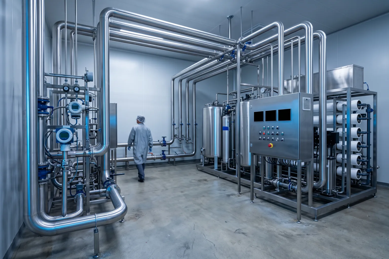 Bucle de distribución sanitario en acero inoxidable 316L con instrumentación de conductividad y TOC en línea, en una sala de generación de agua farmacéutica