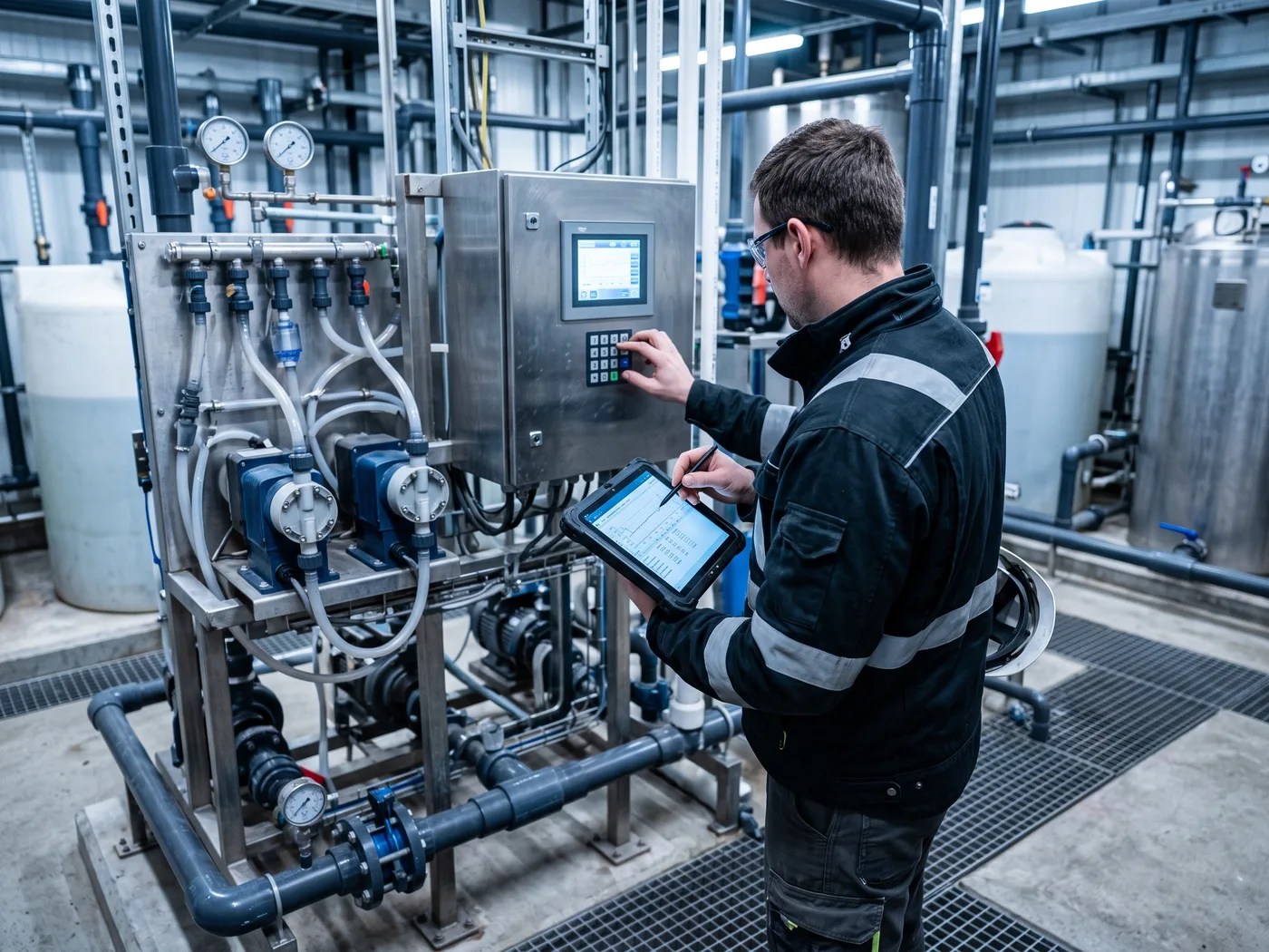 Técnico calibrando un controlador de dosificación pH/ORP en una planta de tratamiento de agua, tablet en mano mostrando un registro de trazabilidad, bombas dosificadoras y tubería de inyección química visibles al fondo, luz industrial fría