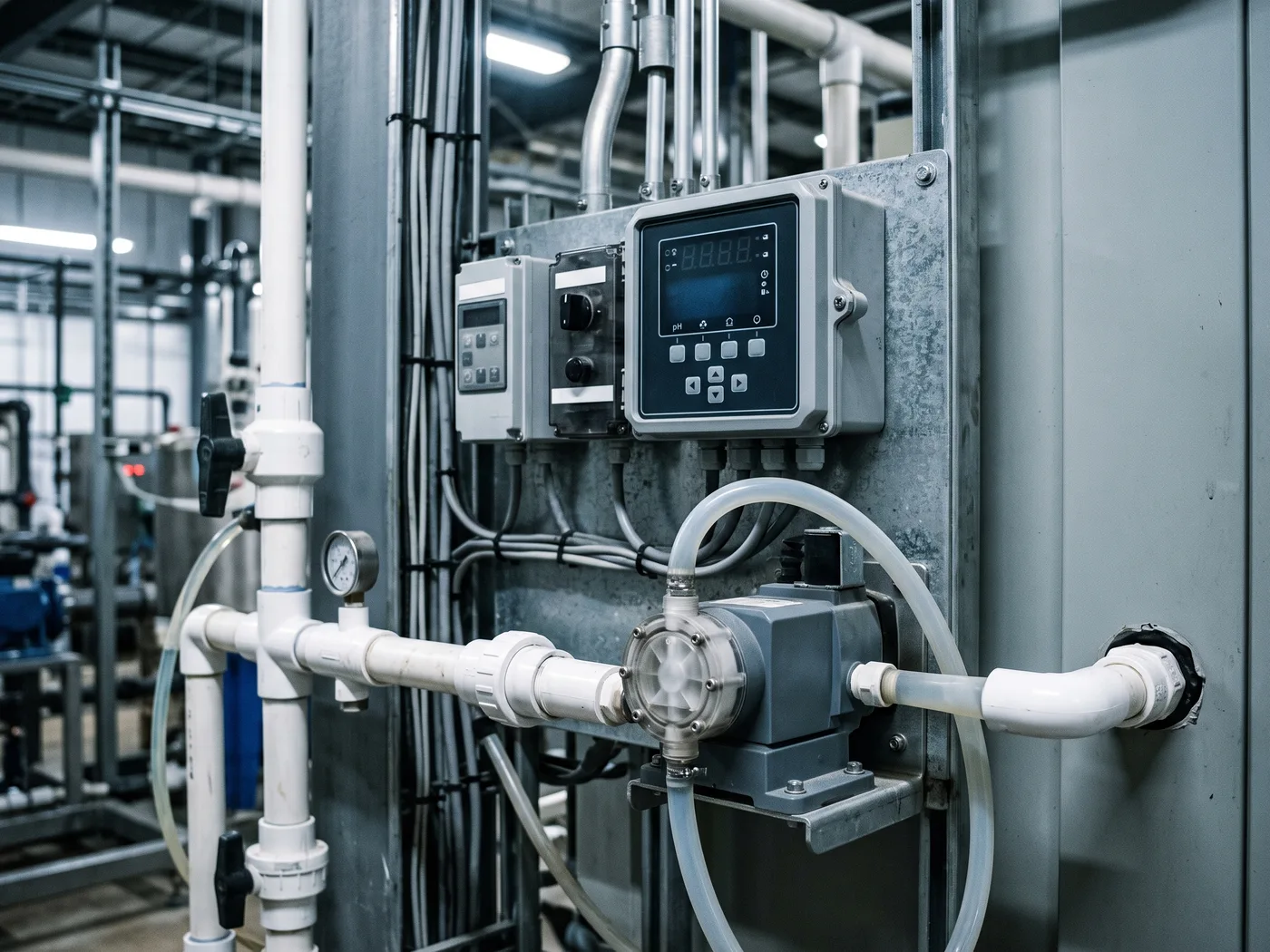 Primer plano de un controlador digital de dosificación pH/ORP/cloro con display de lectura, montado junto a una bomba dosificadora de diafragma en una sala de tratamiento de agua, tuberías de PVC blancas, luz industrial fría