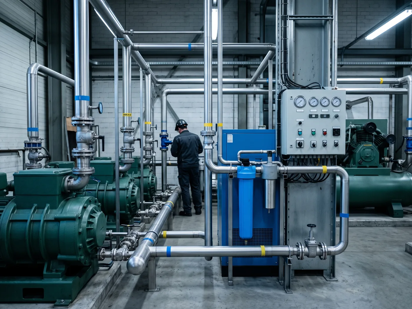 Sala de compresores industriales con sistema de filtración y secado de aire comprimido, tuberías de acero inoxidable, panel de control con manómetros analógicos, luz industrial fría, sin logotipos ni marcas visibles