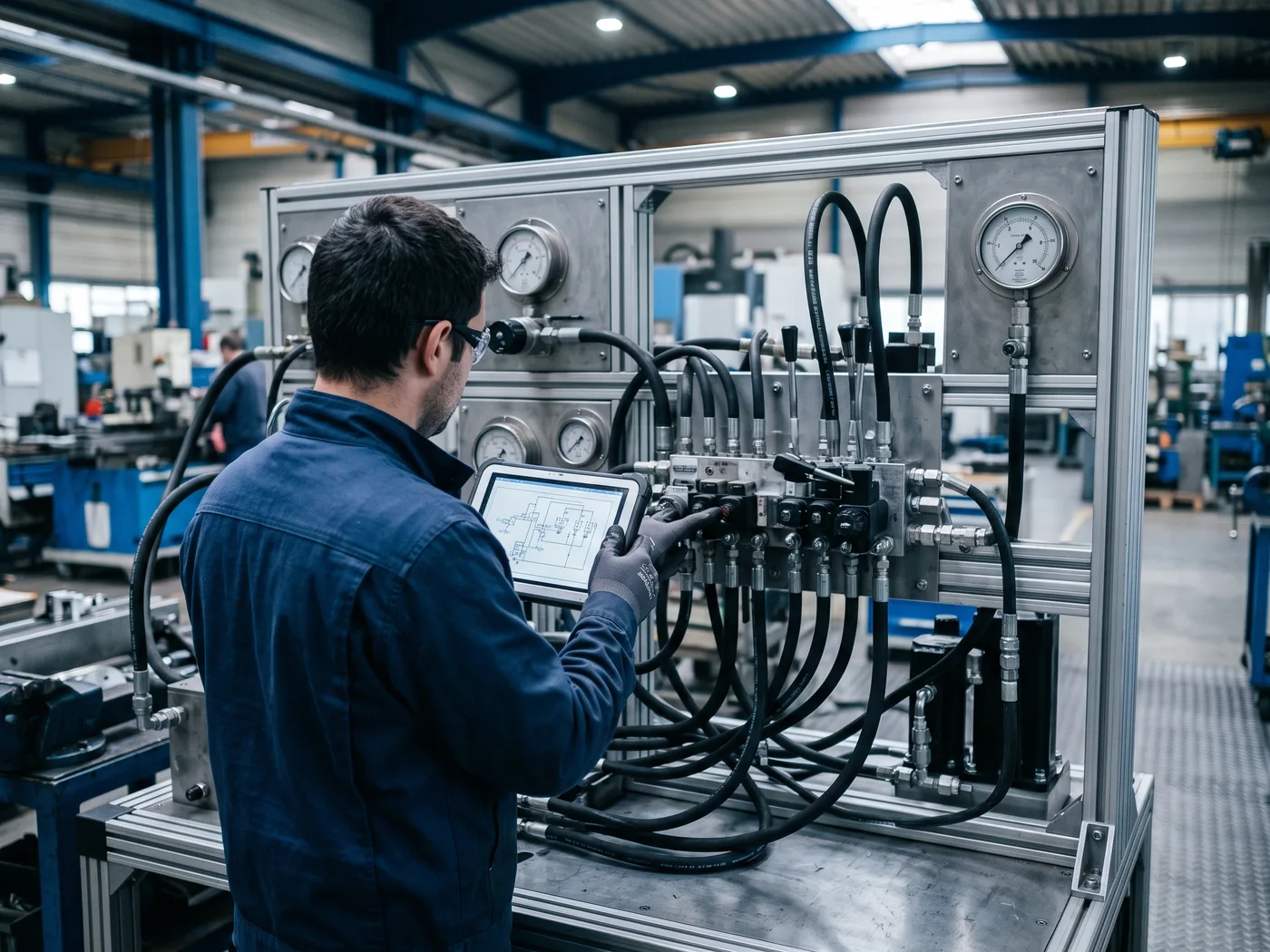 Técnico revisando un circuito hidráulico en un banco de pruebas industrial, tablet en mano mostrando un diagrama del circuito, válvulas direccionales, manómetros analógicos y mangueras de alta presión conectadas, luz industrial fría