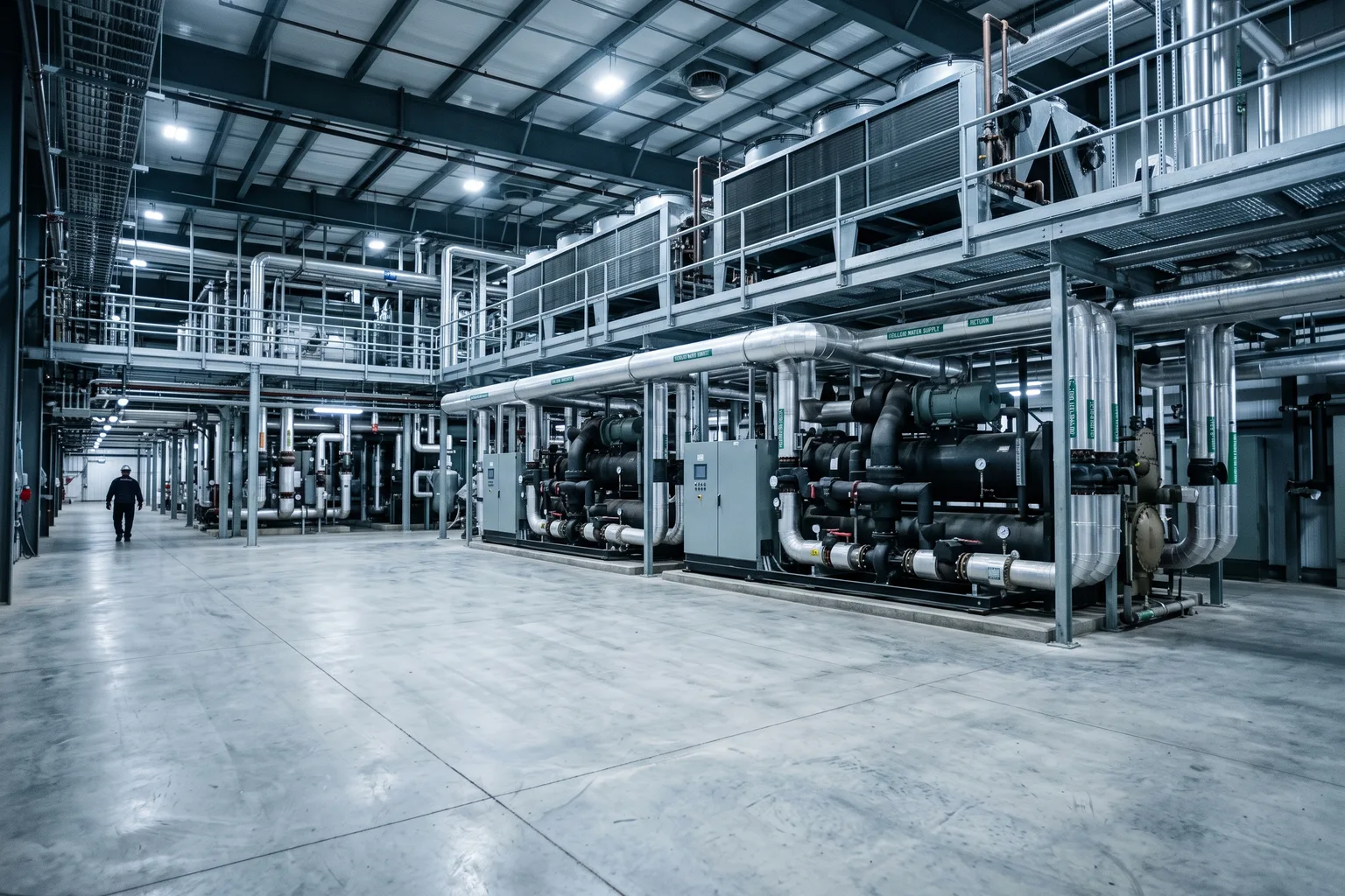 Sala de máquinas industrial con un chiller de proceso de gran formato, condensadores y tuberías de agua helada visibles, cubierta técnica con equipos de refrigeración alineados, luz fría industrial, composición con el centro despejado