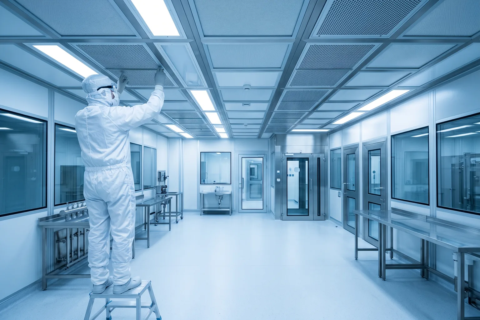 Sala limpia farmacéutica o de semiconductores, técnico con bata y capucha de sala limpia revisando una unidad de flujo laminar o un panel de techo, iluminación fría y uniforme, paneles sándwich y esclusa de personal visibles al fondo, composición con el centro despejado para que el panel glass del hero no tape al sujeto, sin logotipos ni marcas visibles