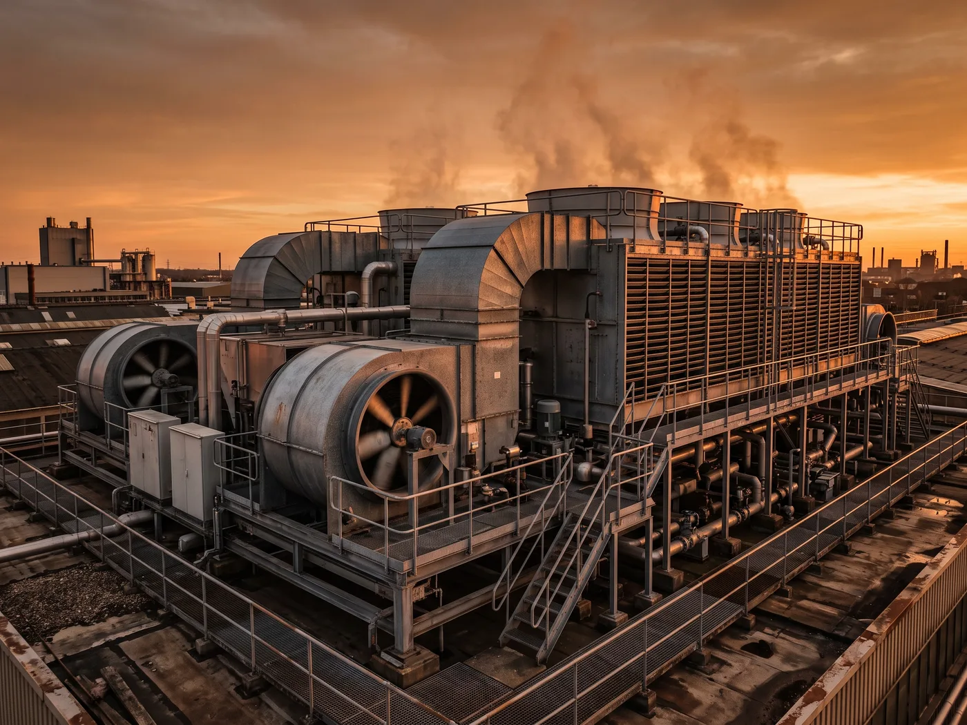 Condensador evaporativo o batería de torres de refrigeración en cubierta industrial al atardecer, vista amplia panorámica, sin personas, sin logotipos de fabricante visibles
